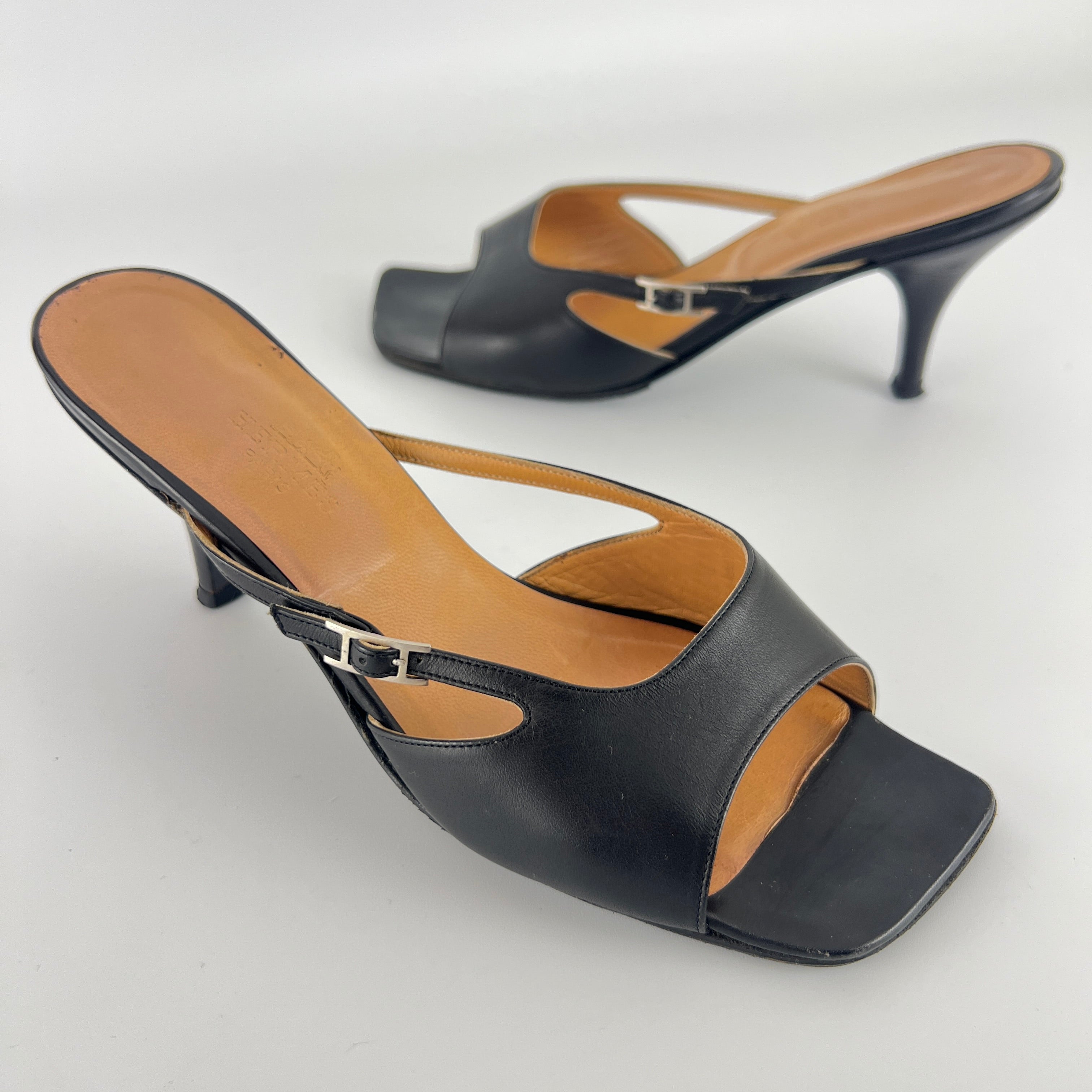 Hermes | Y2K Palladium H Buckle Black Leather Mid Heel Mules (37.5)