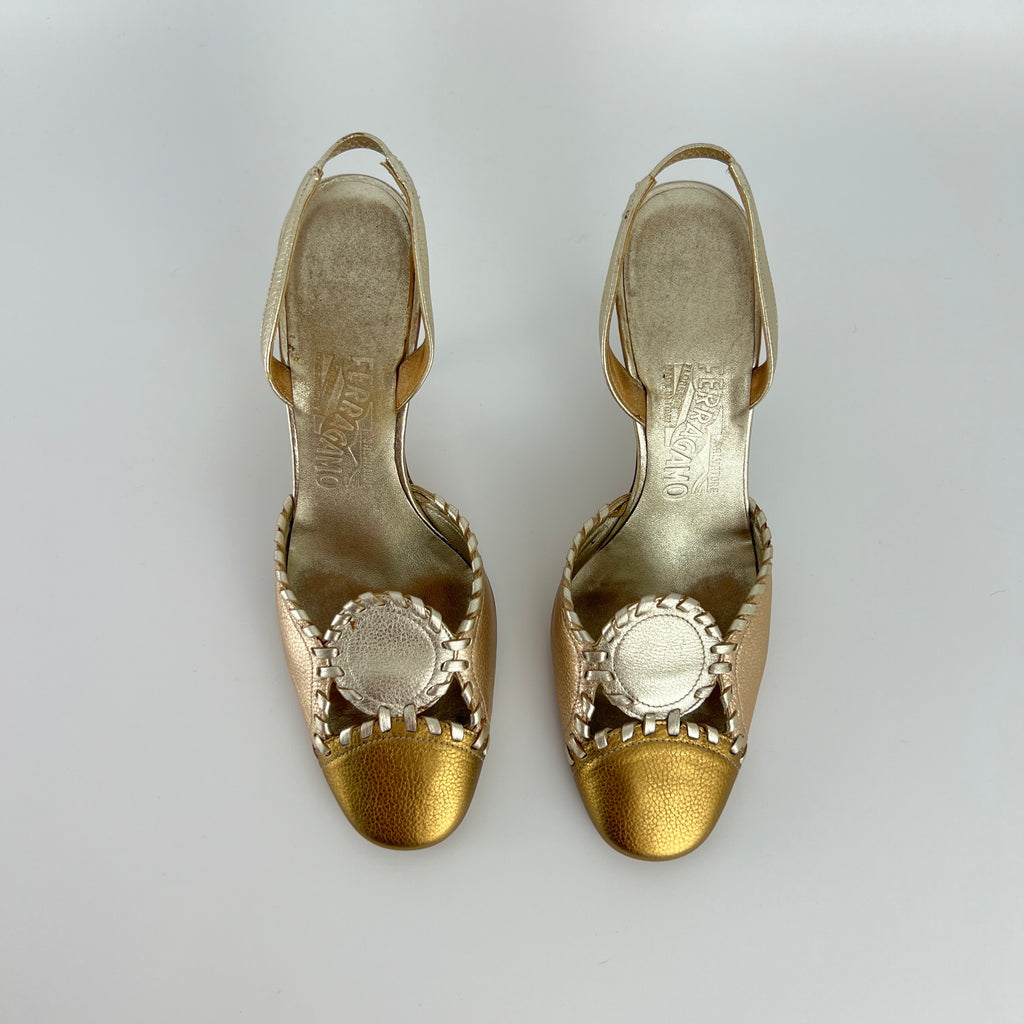 Ferragamo | Metallic Gold Leather Circle Top Stitch Slingback Heels (6C, UE 36)