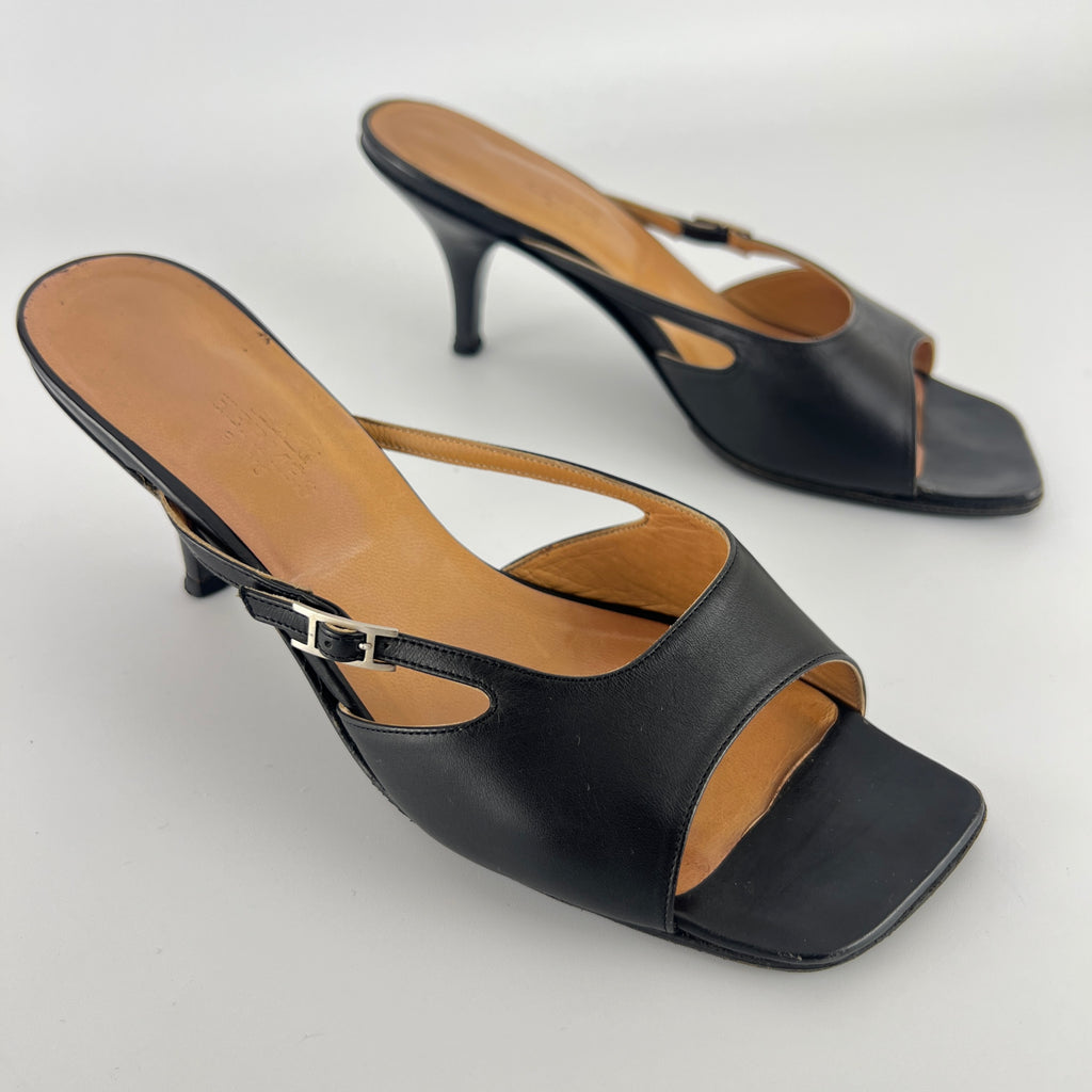 Hermes | Y2K Palladium H Buckle Black Leather Mid Heel Mules (37.5)