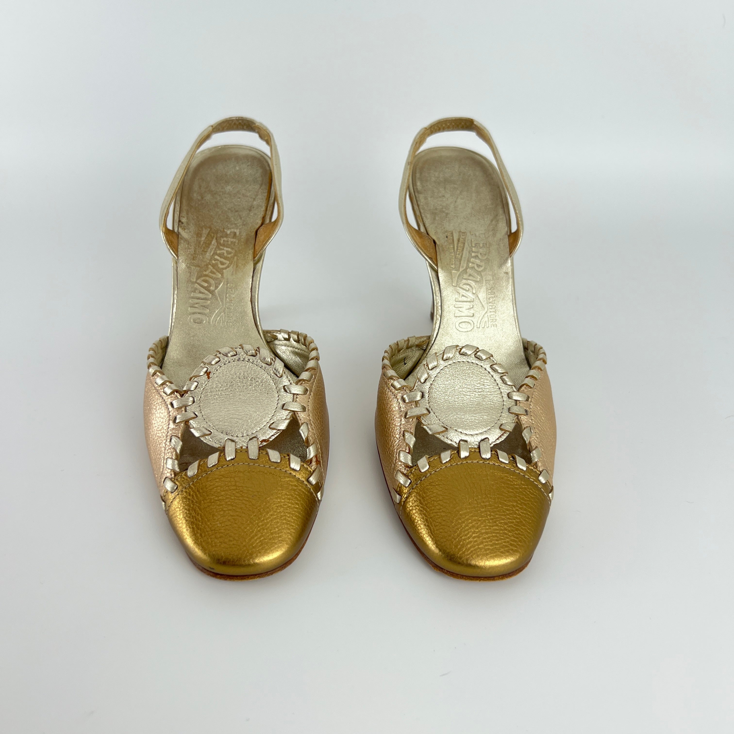 Ferragamo | Metallic Gold Leather Circle Top Stitch Slingback Heels (6C, UE 36)
