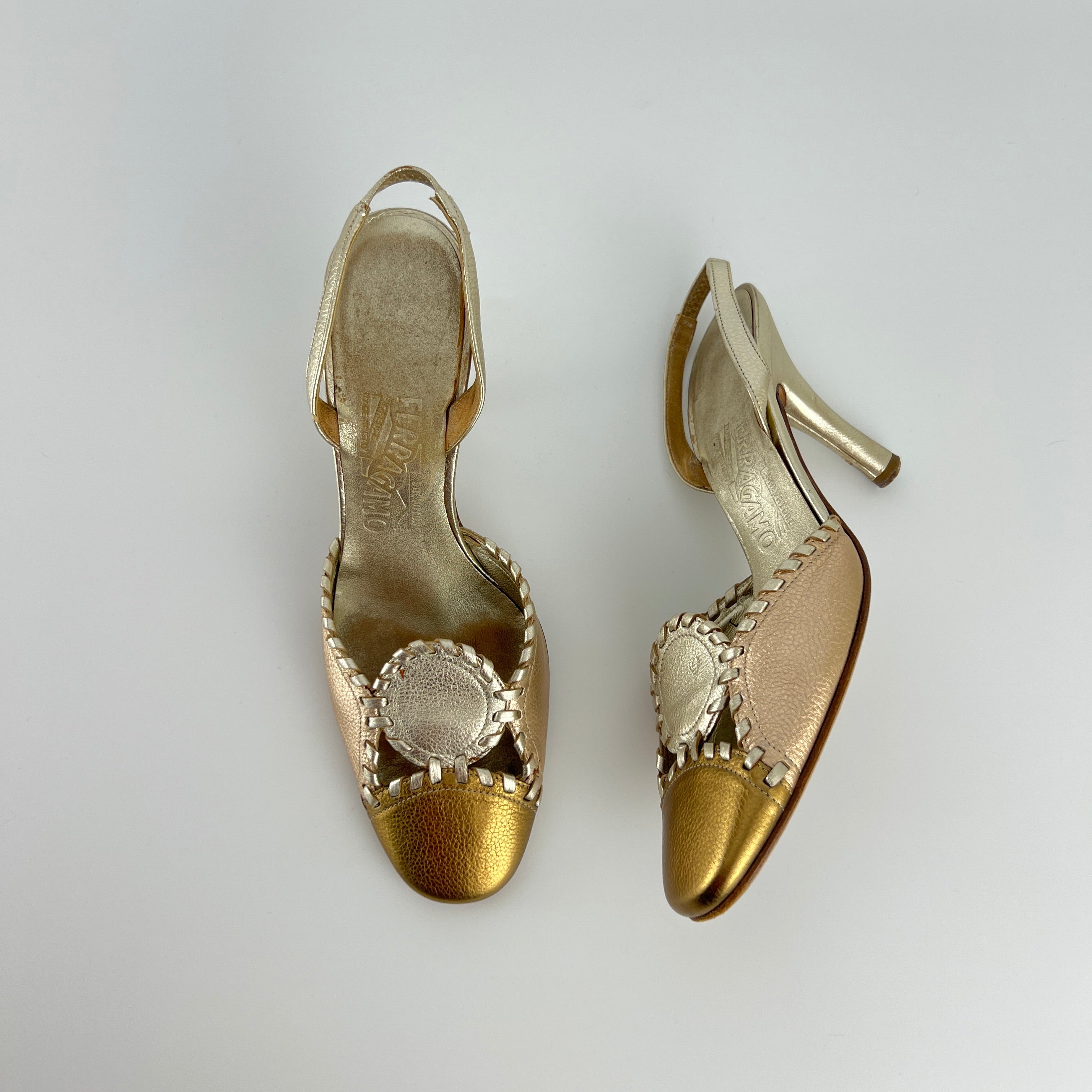 Ferragamo | Metallic Gold Leather Circle Top Stitch Slingback Heels (6C, UE 36)