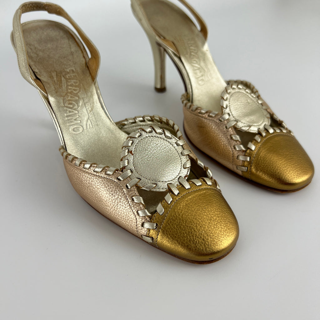Ferragamo | Metallic Gold Leather Circle Top Stitch Slingback Heels (6C, UE 36)