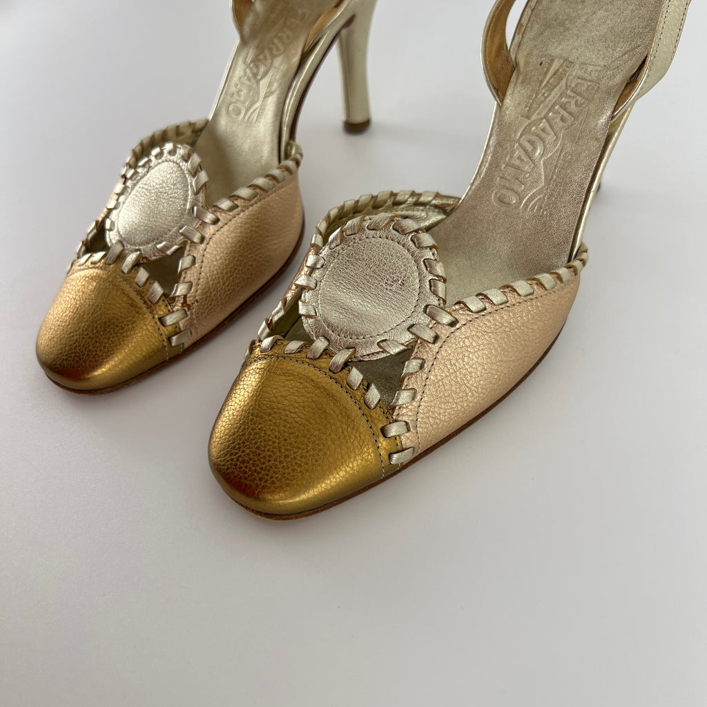Ferragamo | Metallic Gold Leather Circle Top Stitch Slingback Heels (6C, UE 36)
