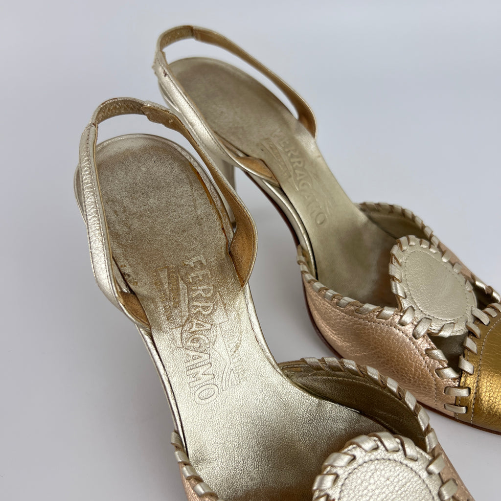 Ferragamo | Metallic Gold Leather Circle Top Stitch Slingback Heels (6C, UE 36)