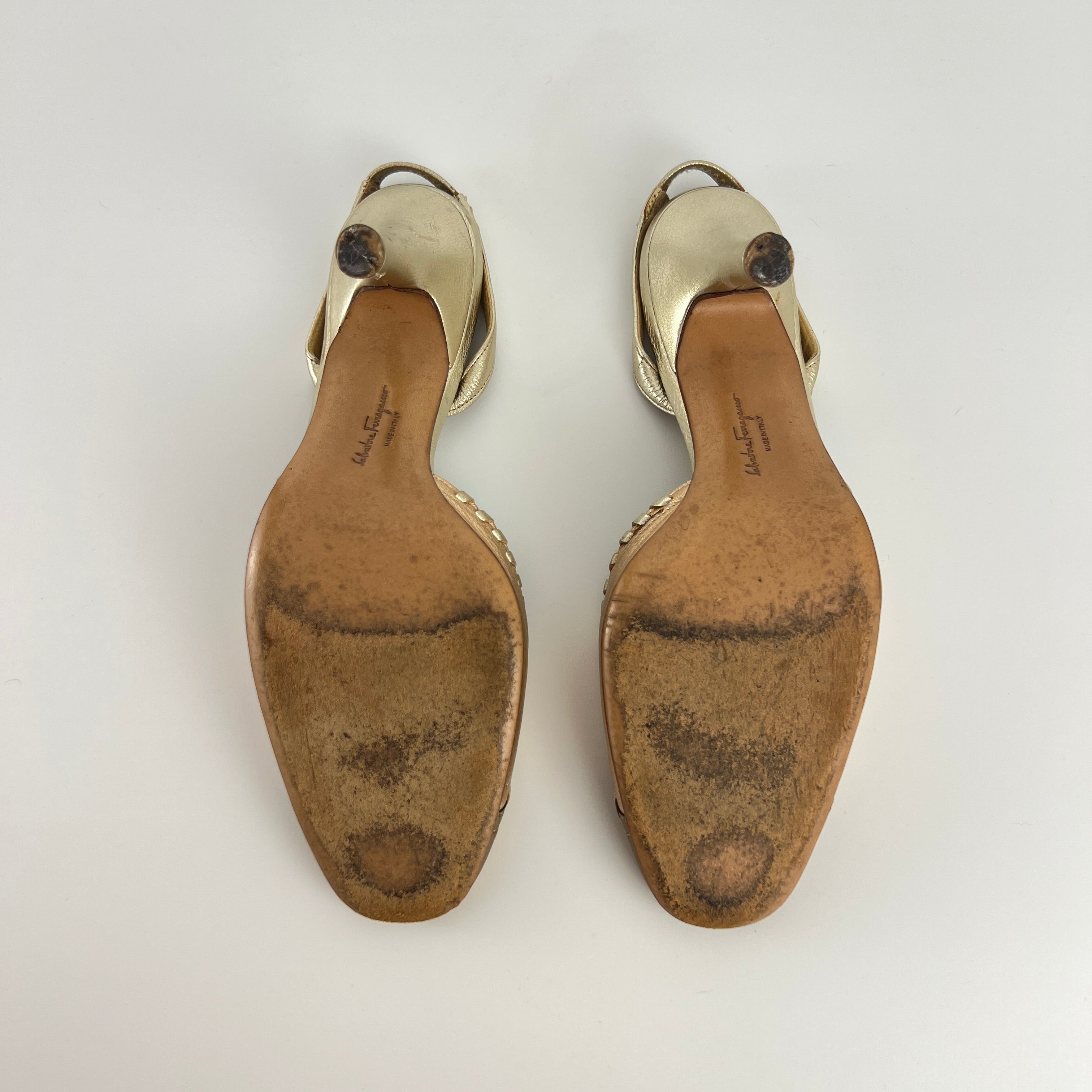 Ferragamo | Metallic Gold Leather Circle Top Stitch Slingback Heels (6C, UE 36)