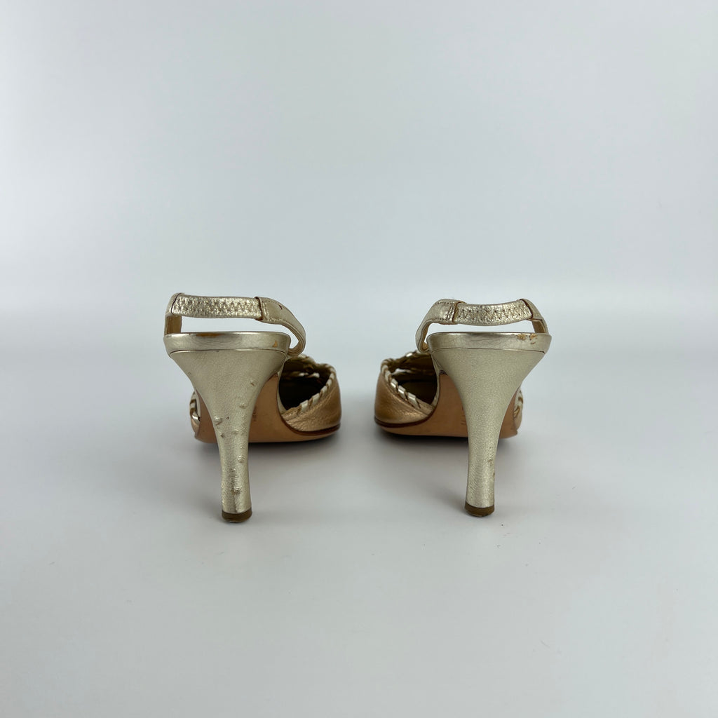 Ferragamo | Metallic Gold Leather Circle Top Stitch Slingback Heels (6C, UE 36)