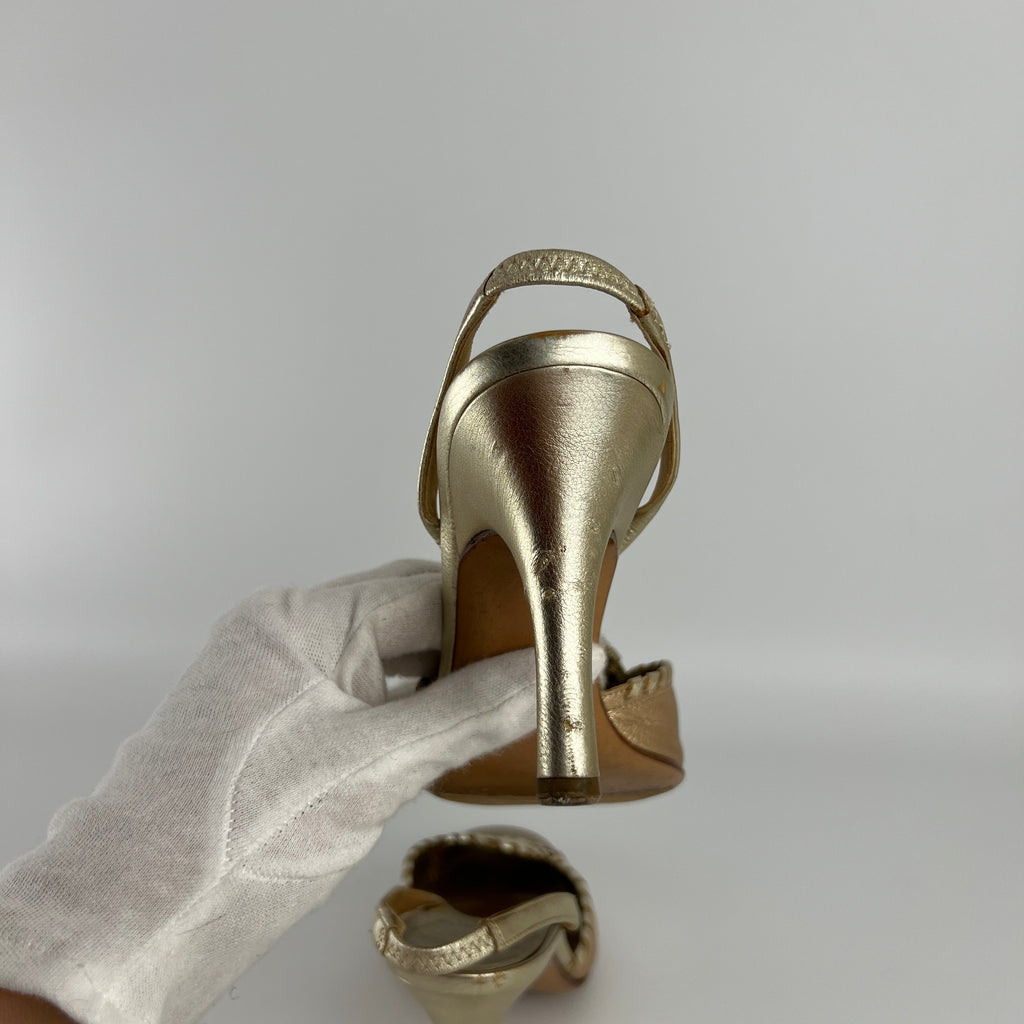 Ferragamo | Metallic Gold Leather Circle Top Stitch Slingback Heels (6C, UE 36)