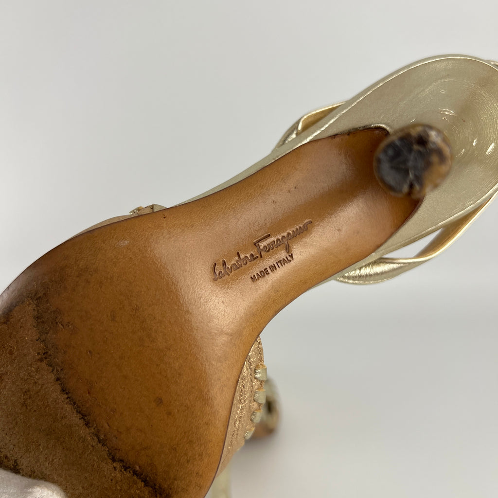 Ferragamo | Metallic Gold Leather Circle Top Stitch Slingback Heels (6C, UE 36)