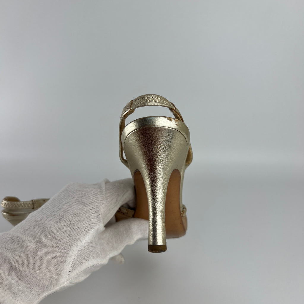 Ferragamo | Metallic Gold Leather Circle Top Stitch Slingback Heels (6C, UE 36)