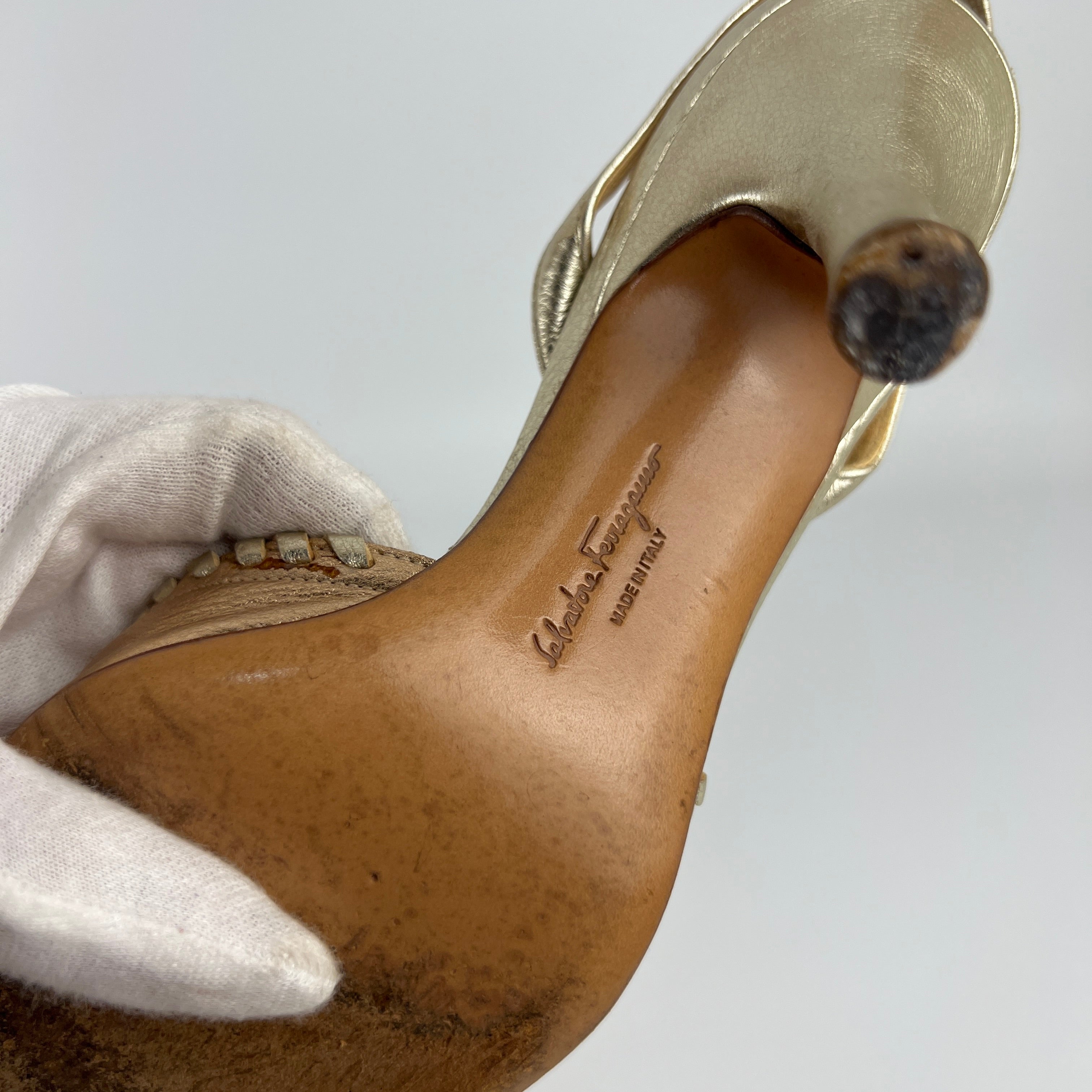 Ferragamo | Metallic Gold Leather Circle Top Stitch Slingback Heels (6C, UE 36)