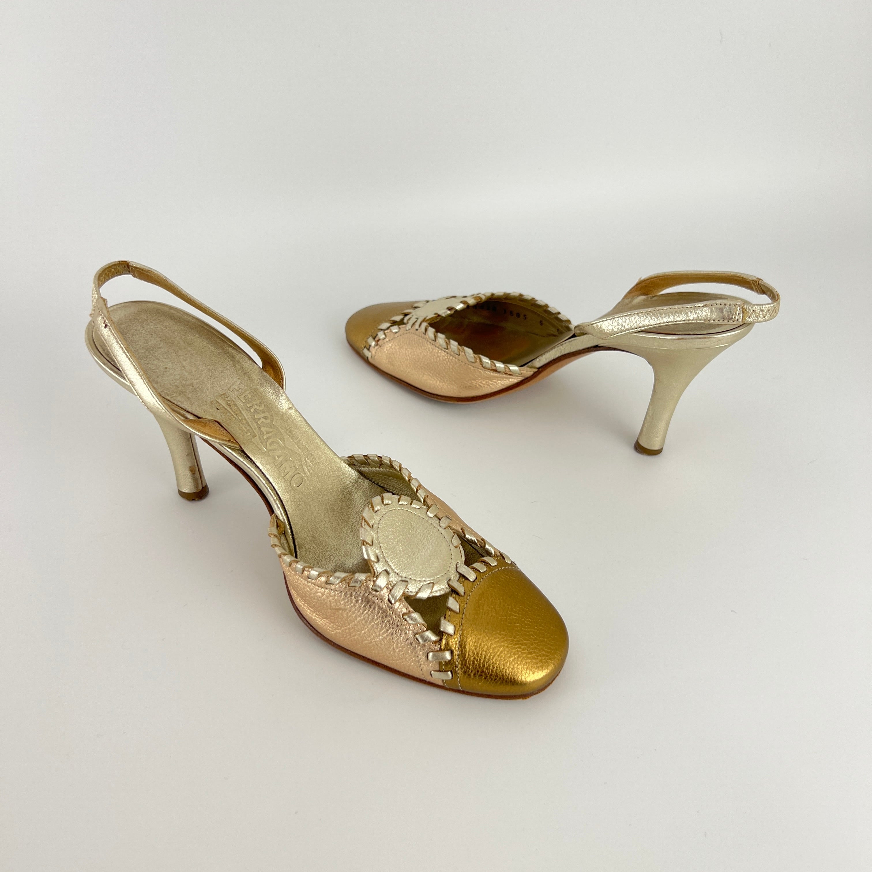 Ferragamo | Metallic Gold Leather Circle Top Stitch Slingback Heels (6C, UE 36)