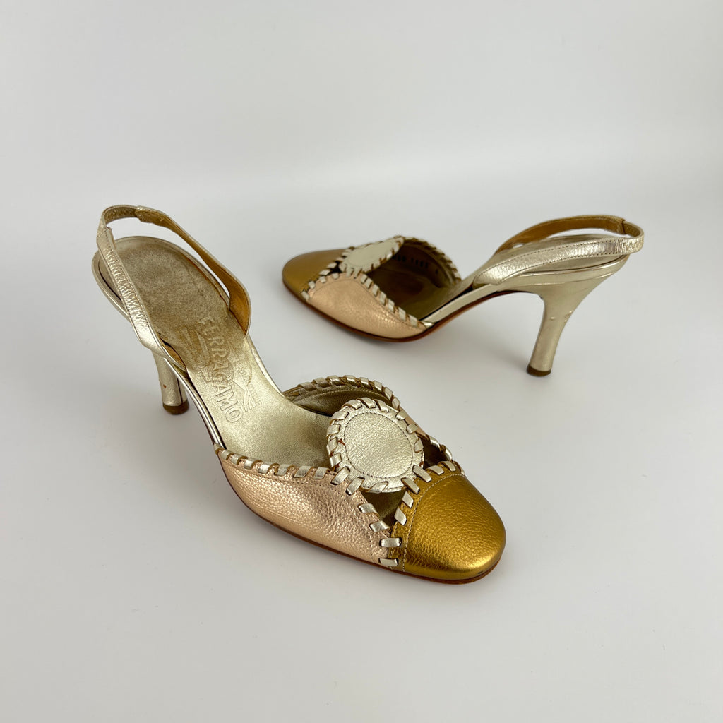 Ferragamo | Metallic Gold Leather Circle Top Stitch Slingback Heels (6C, UE 36)