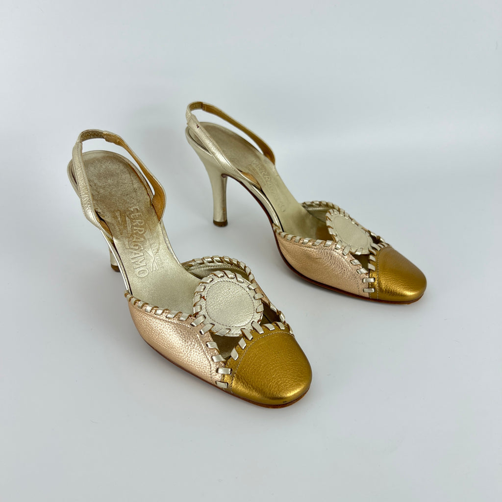 Ferragamo | Metallic Gold Leather Circle Top Stitch Slingback Heels (6C, UE 36)