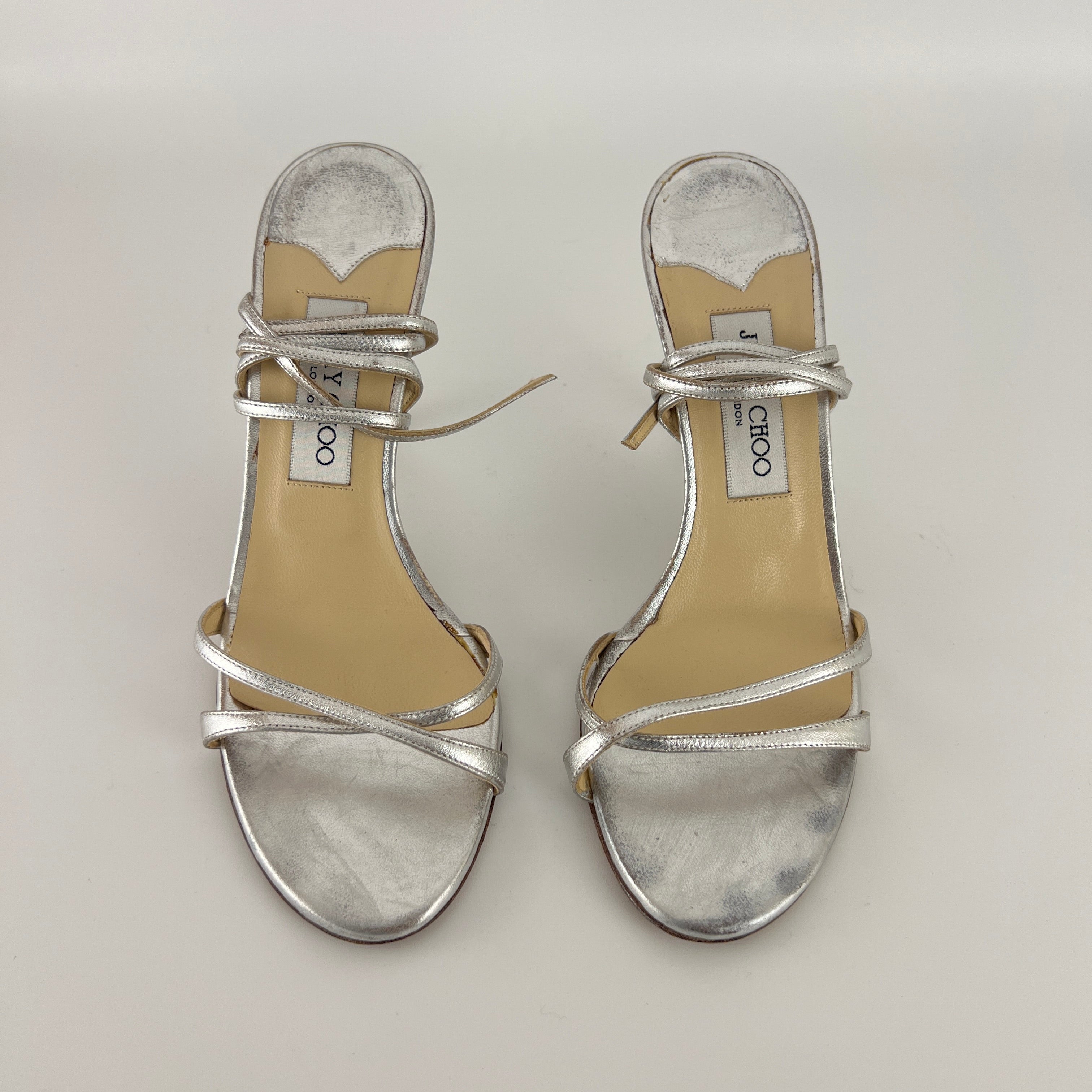 Jimmy Choo | Metallic Silver Ankle Lace Up Strappy Heels (38.5)