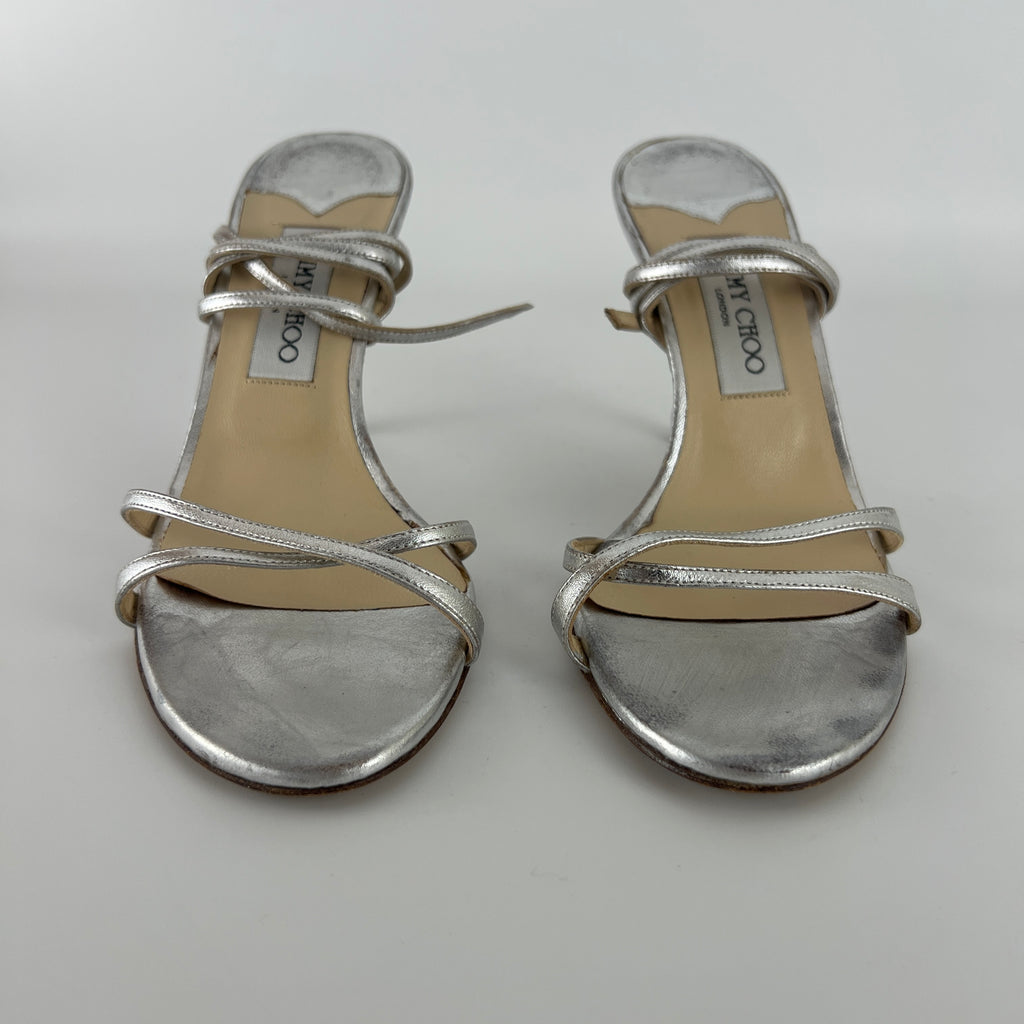 Jimmy Choo | Metallic Silver Ankle Lace Up Strappy Heels (38.5)