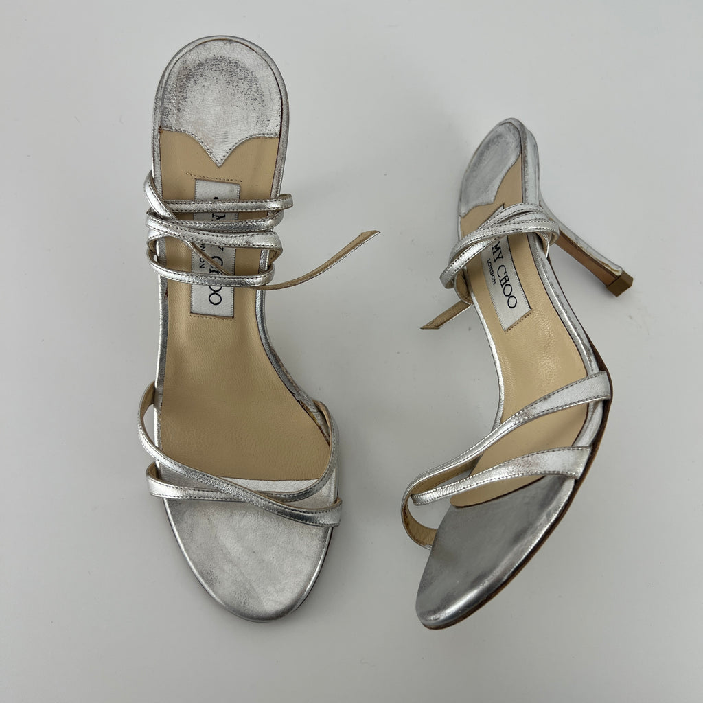 Jimmy Choo | Metallic Silver Ankle Lace Up Strappy Heels (38.5)