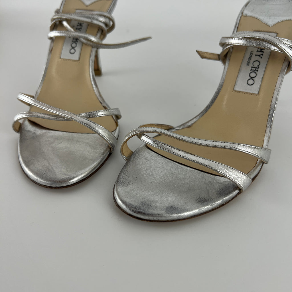 Jimmy Choo | Metallic Silver Ankle Lace Up Strappy Heels (38.5)