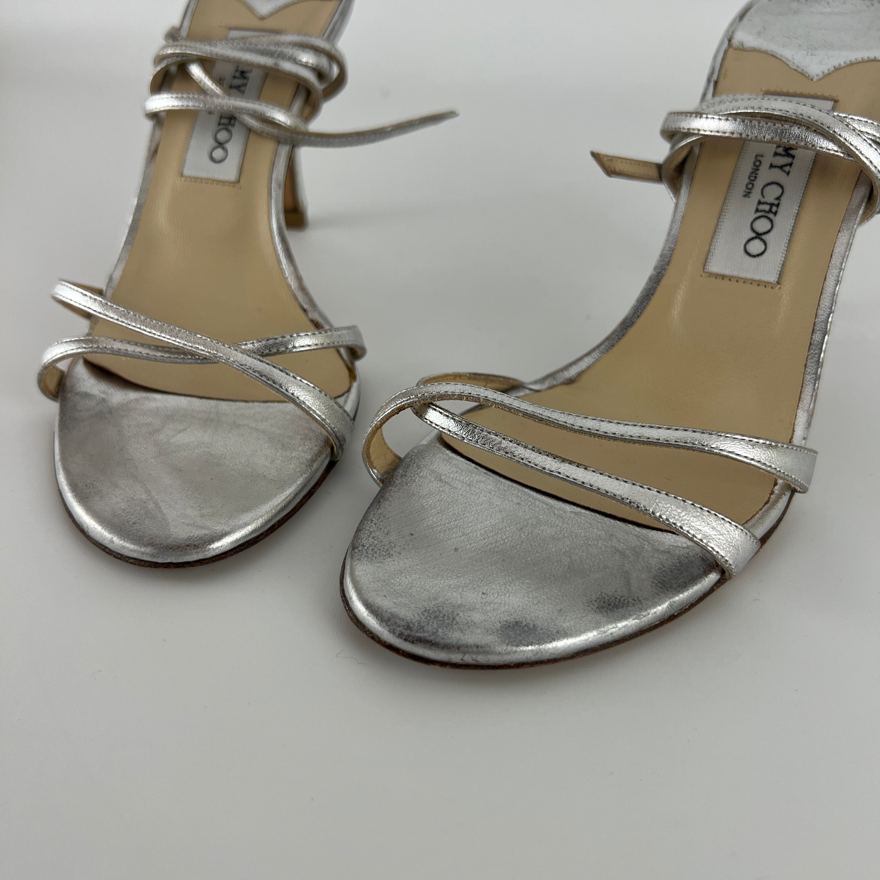 Jimmy Choo | Metallic Silver Ankle Lace Up Strappy Heels (38.5)