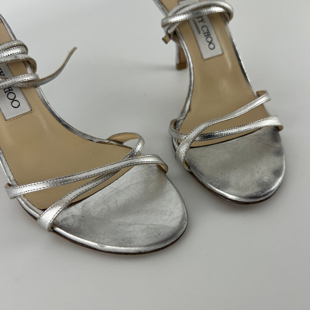 Jimmy Choo | Metallic Silver Ankle Lace Up Strappy Heels (38.5)