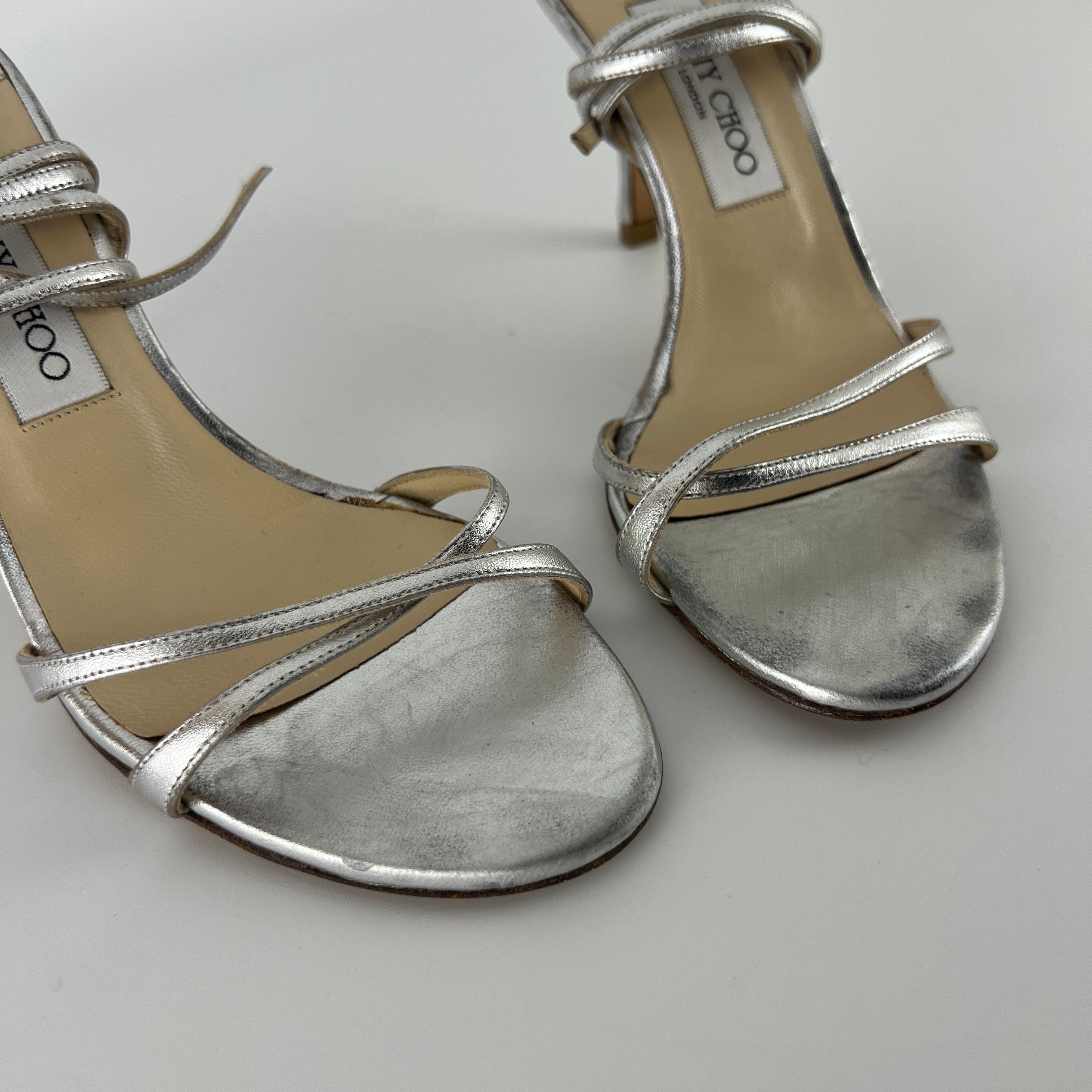 Jimmy Choo | Metallic Silver Ankle Lace Up Strappy Heels (38.5)