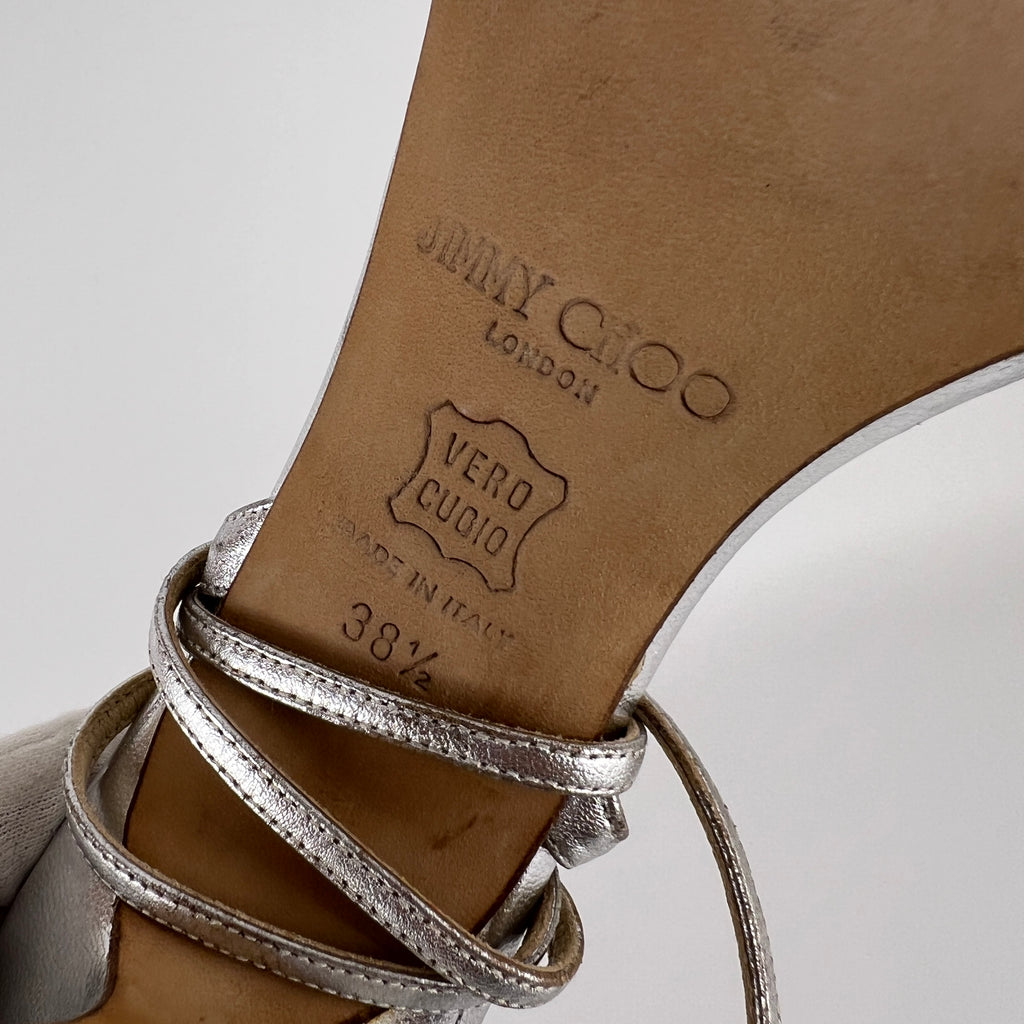 Jimmy Choo | Metallic Silver Ankle Lace Up Strappy Heels (38.5)