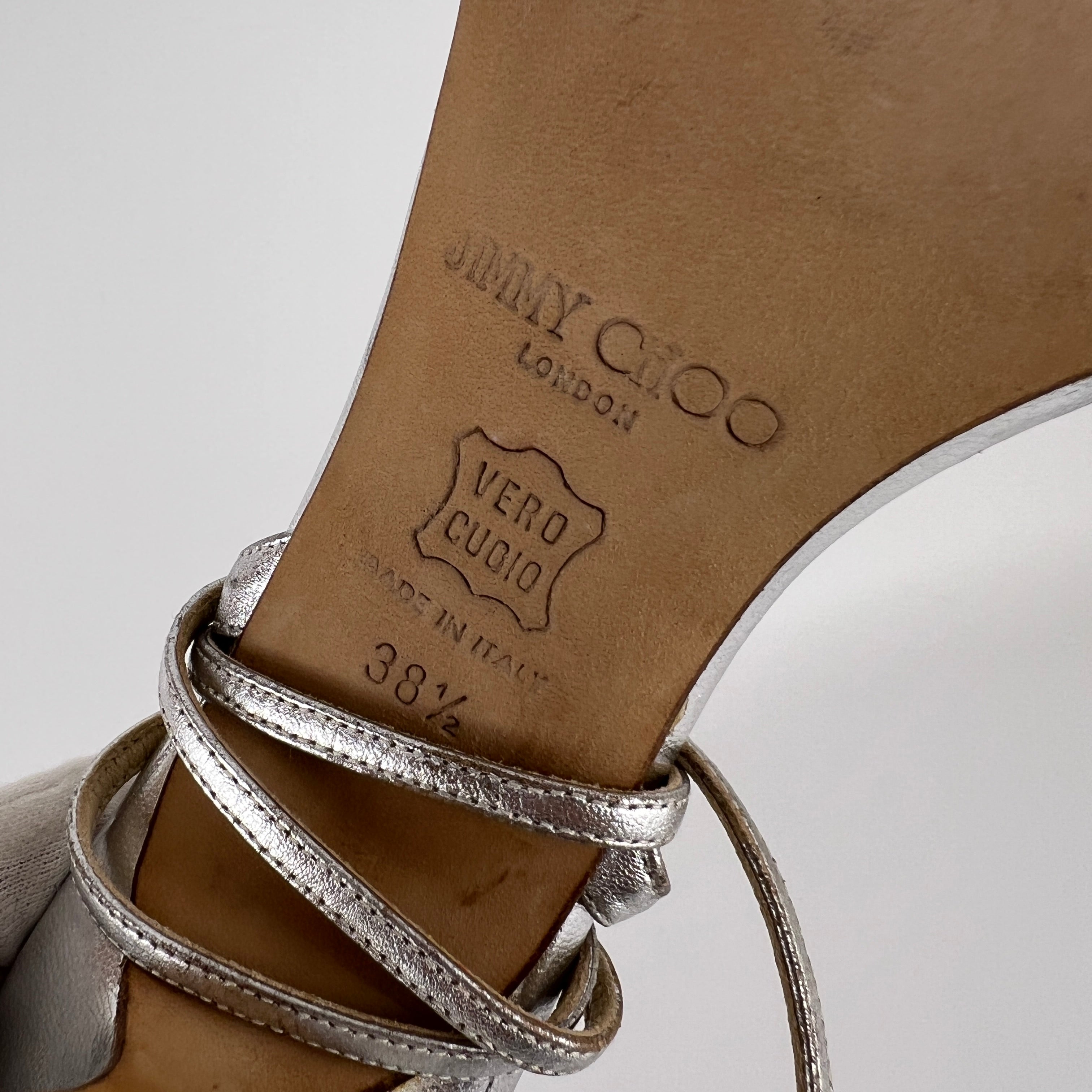 Jimmy Choo | Metallic Silver Ankle Lace Up Strappy Heels (38.5)