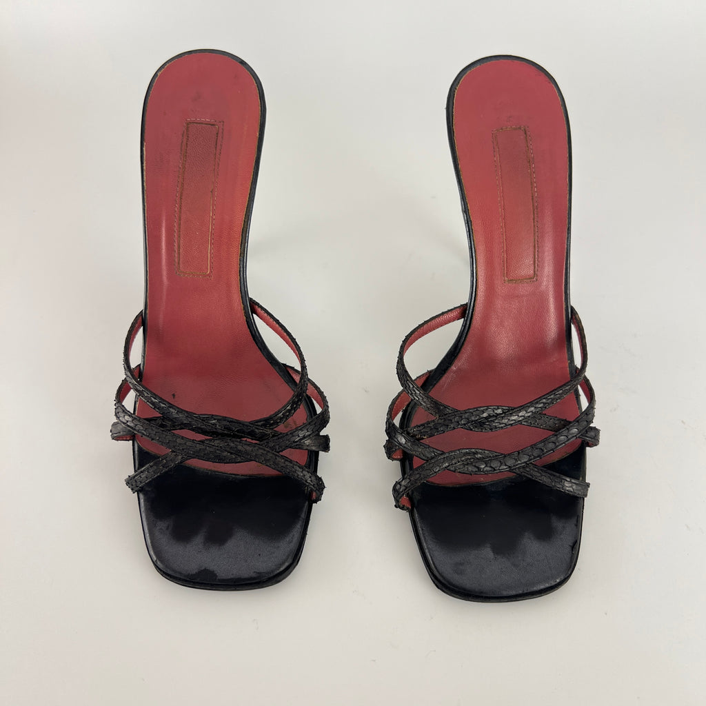 Sergio Rossi | Black Python Leather Strappy Sandal Slide Mules (38)