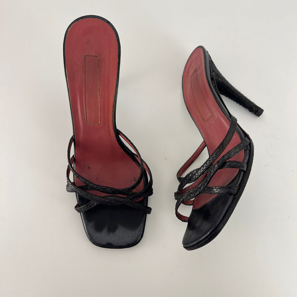 Sergio Rossi | Black Python Leather Strappy Sandal Slide Mules (38)