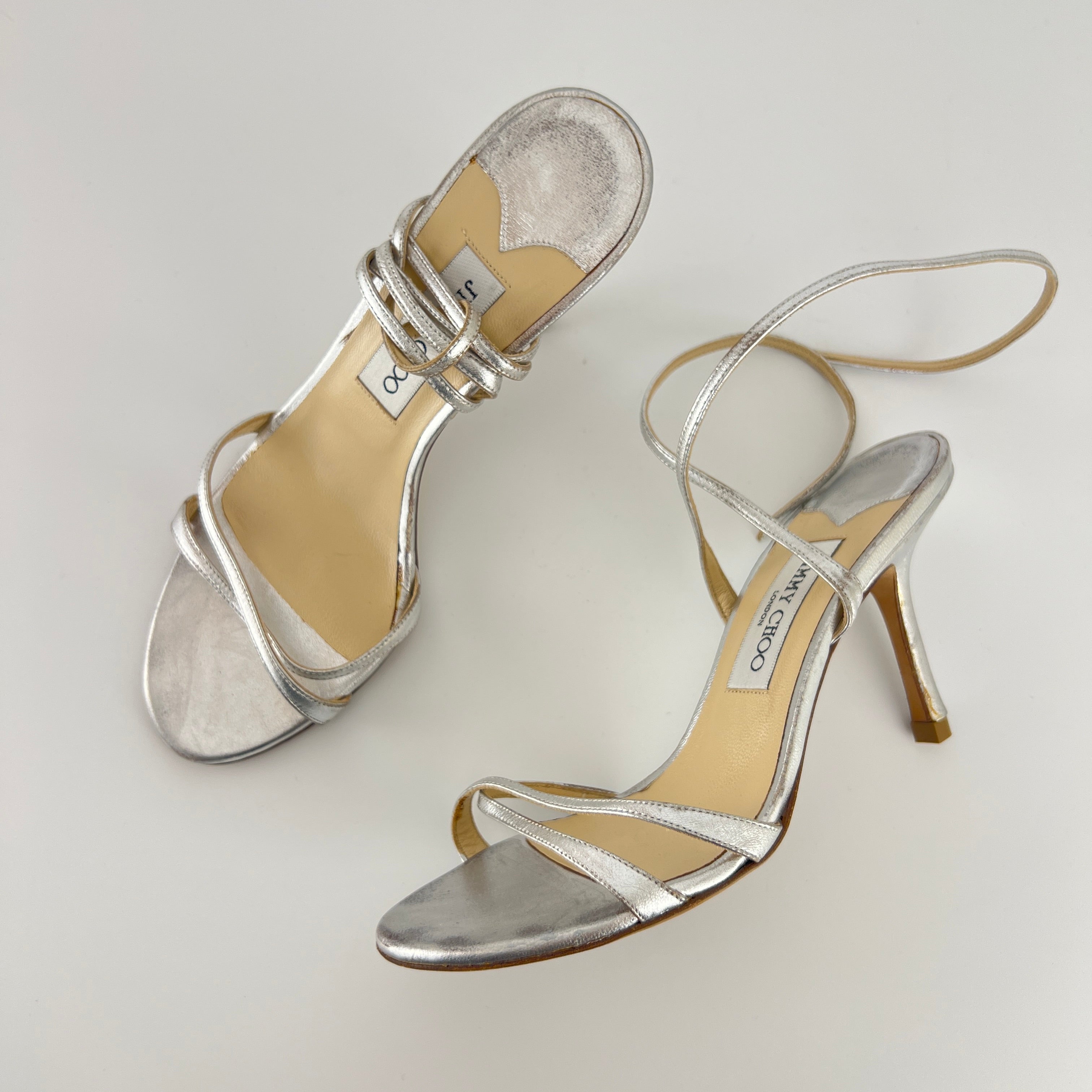 Jimmy Choo | Metallic Silver Ankle Lace Up Strappy Heels (38.5)