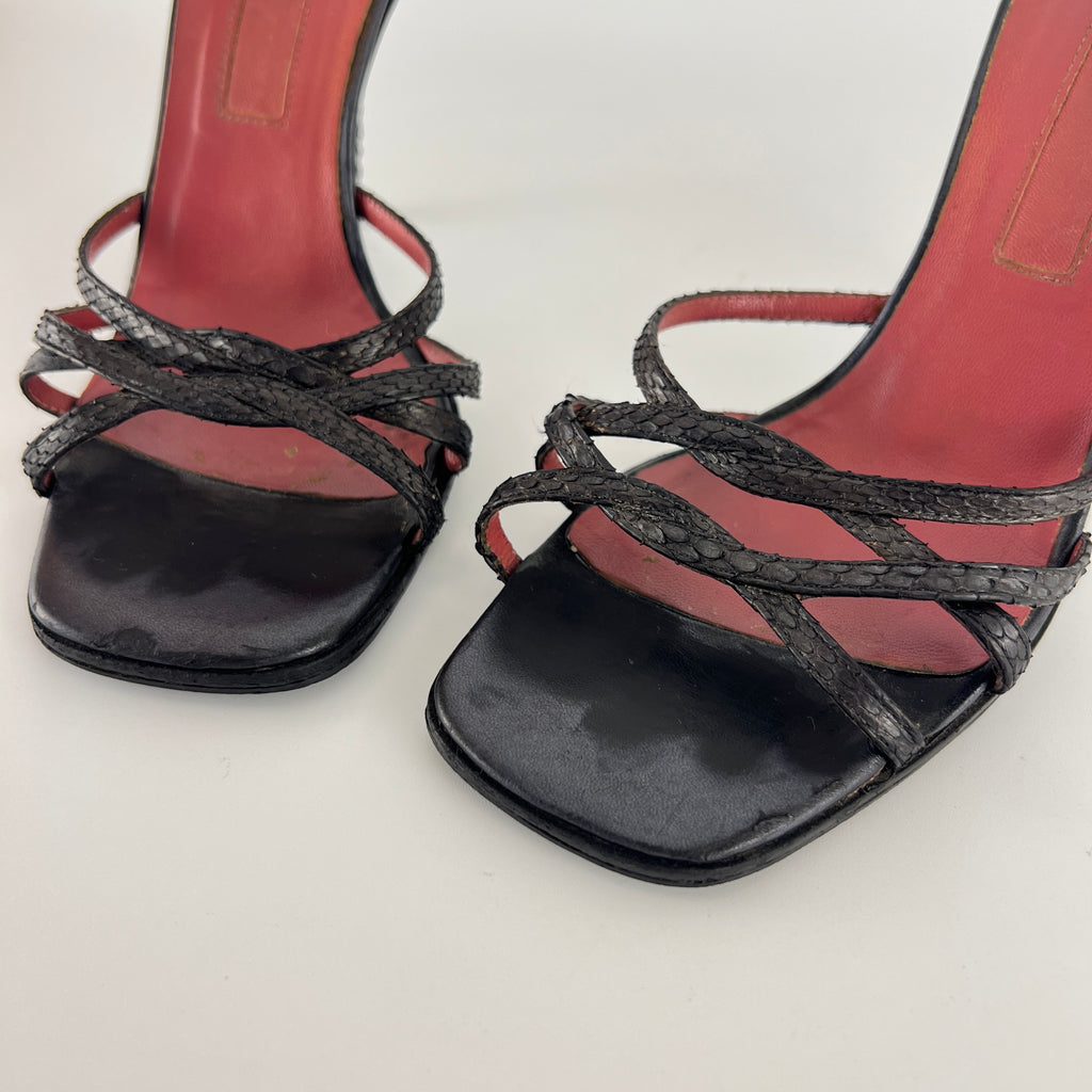 Sergio Rossi | Black Python Leather Strappy Sandal Slide Mules (38)