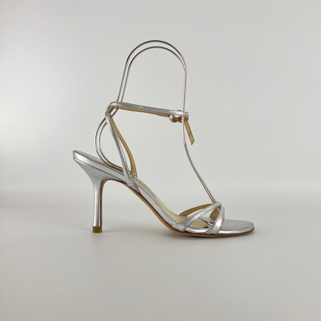 Jimmy Choo | Metallic Silver Ankle Lace Up Strappy Heels (38.5)