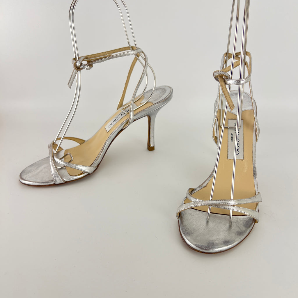 Jimmy Choo | Metallic Silver Ankle Lace Up Strappy Heels (38.5)