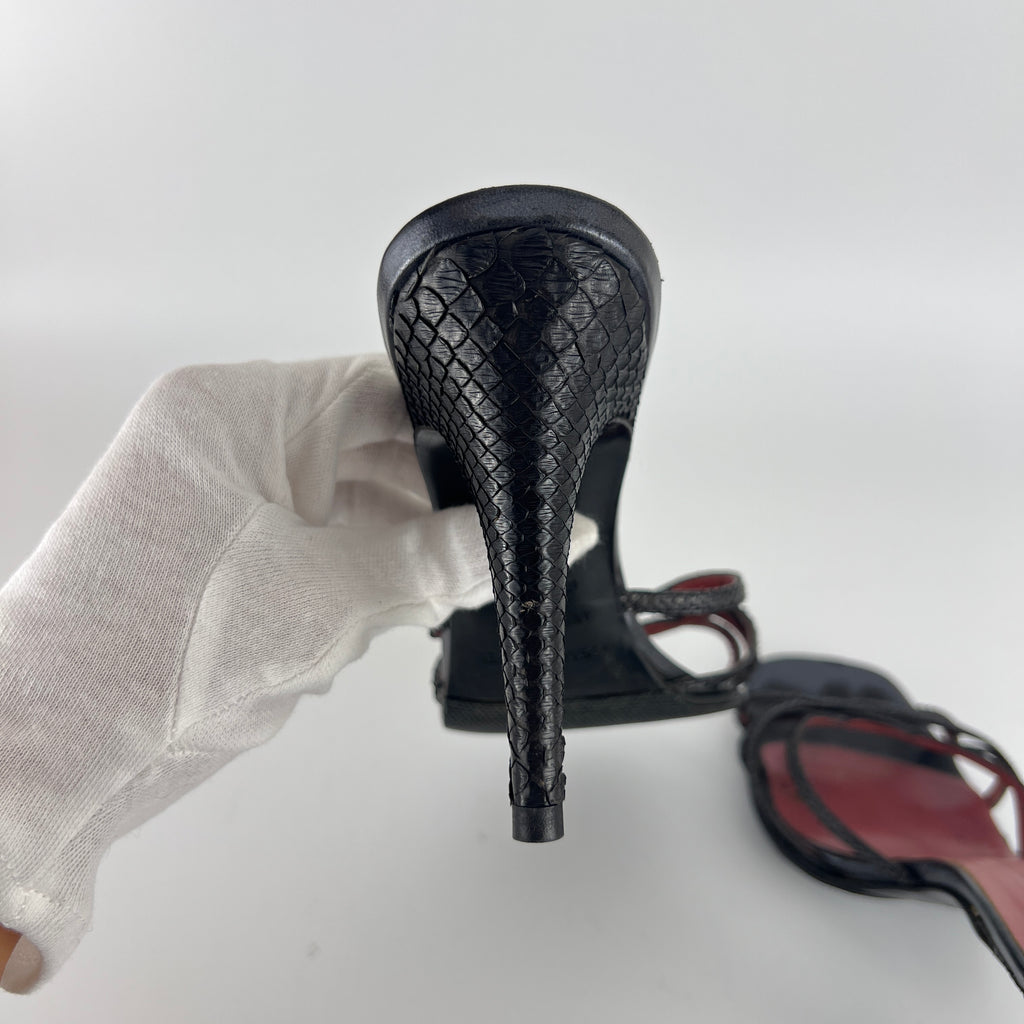 Sergio Rossi | Black Python Leather Strappy Sandal Slide Mules (38)