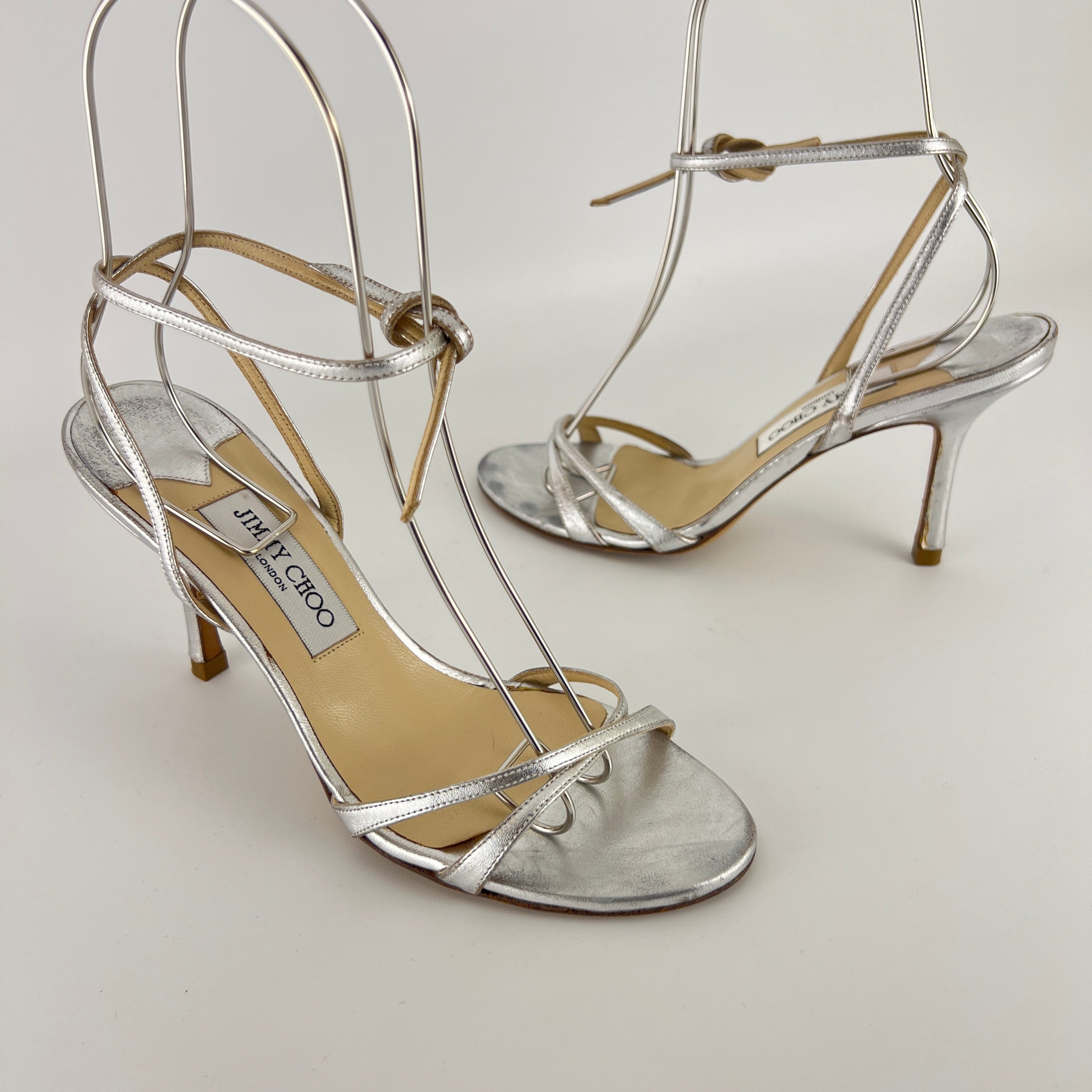 Jimmy Choo | Metallic Silver Ankle Lace Up Strappy Heels (38.5)