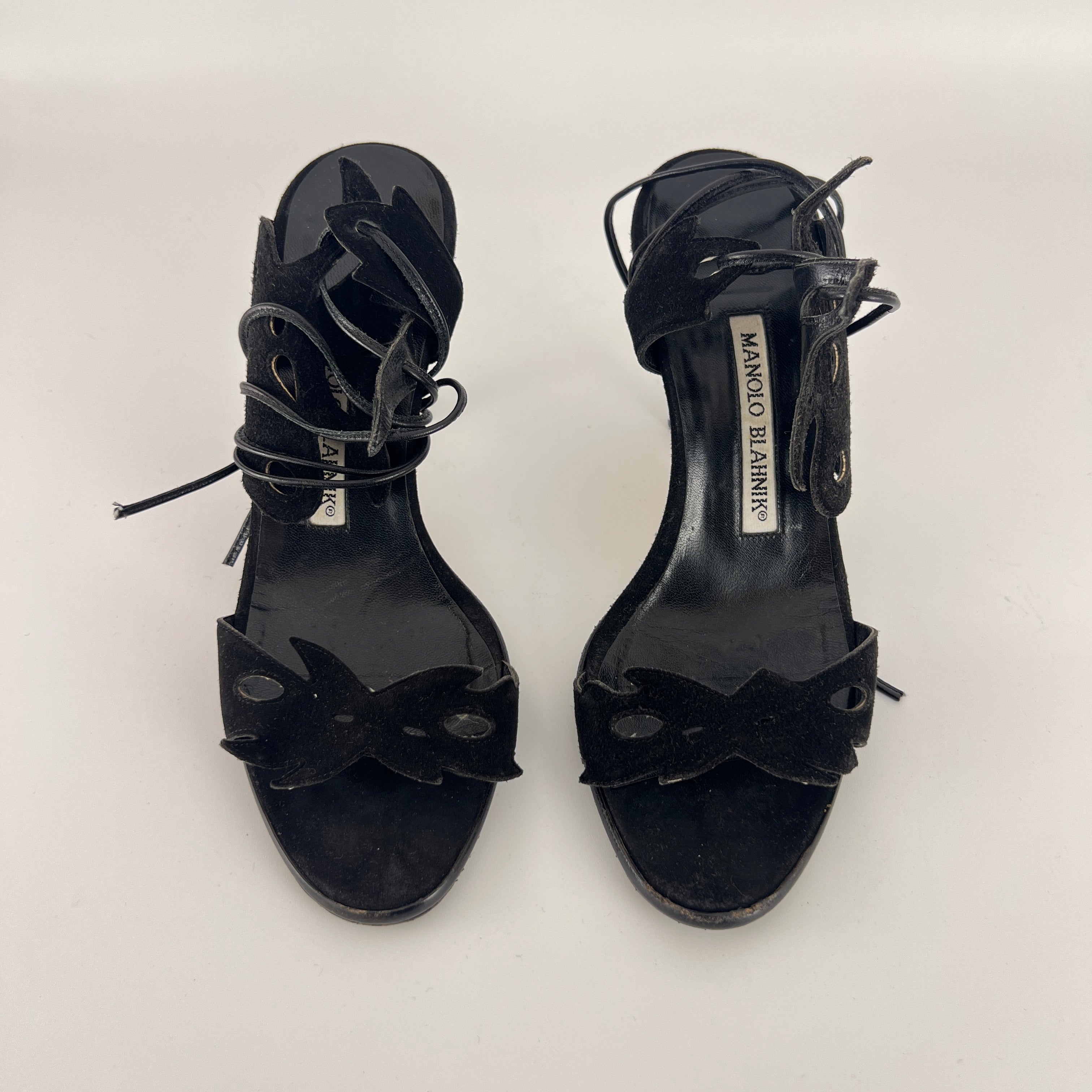 Manolo Blahnik | Black Suede Leather Cut-Out Ankle Lace Up Heels (35)