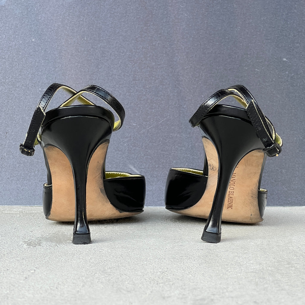 Manolo Blahnik | Vintage Black Leather Green Insole Ankle Wrap Pointed Toe Heels (37)