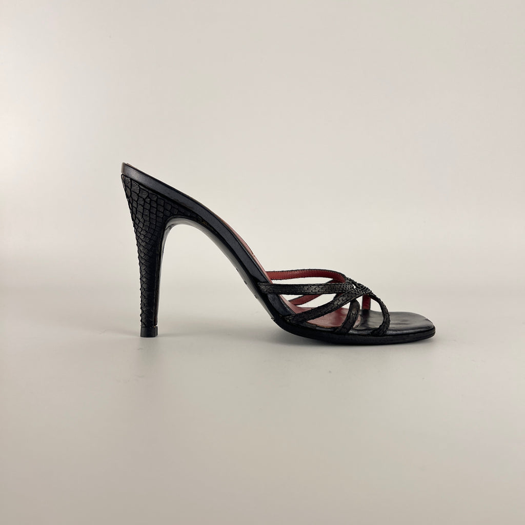 Sergio Rossi | Black Python Leather Strappy Sandal Slide Mules (38)