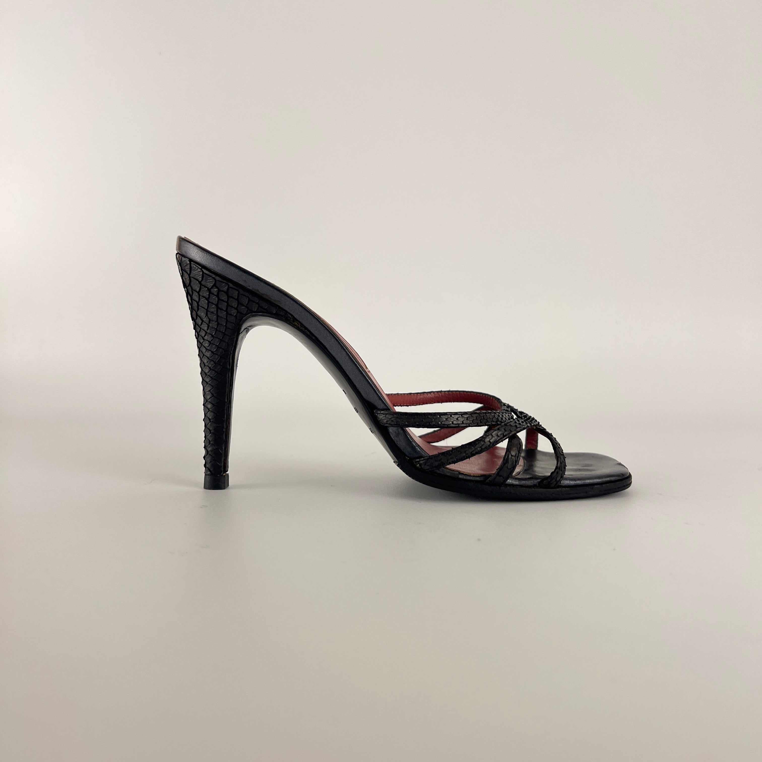 Sergio Rossi | Black Python Leather Strappy Sandal Slide Mules (38)