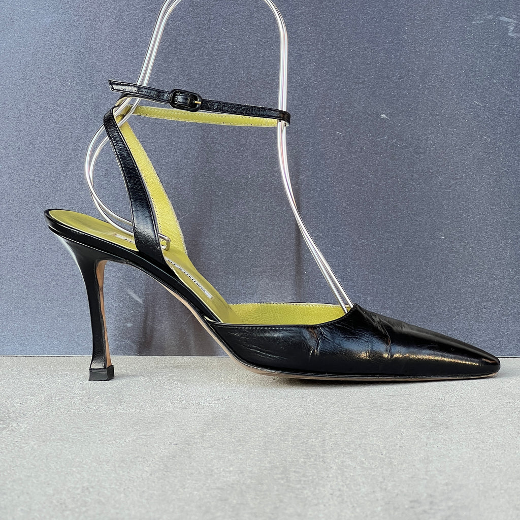 Manolo Blahnik | Vintage Black Leather Green Insole Ankle Wrap Pointed Toe Heels (37)