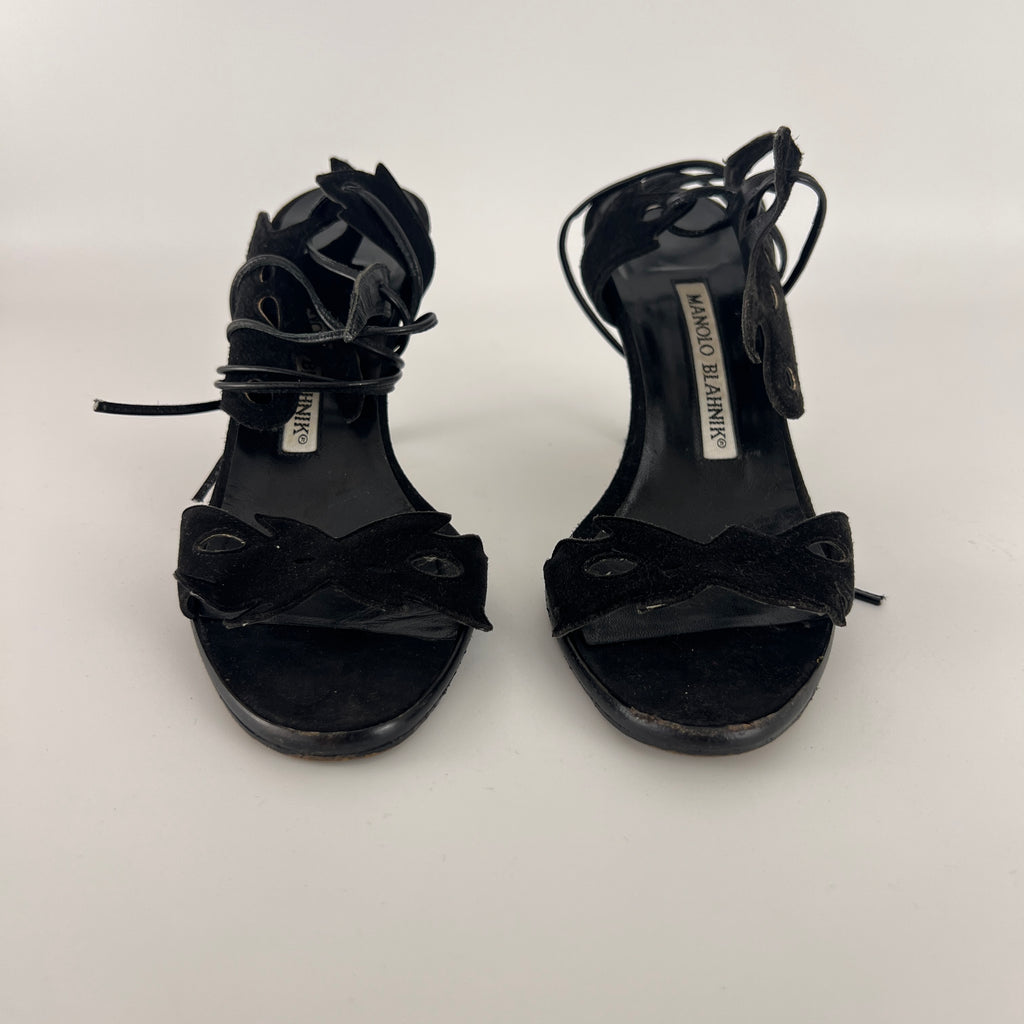 Manolo Blahnik | Black Suede Leather Cut-Out Ankle Lace Up Heels (35)
