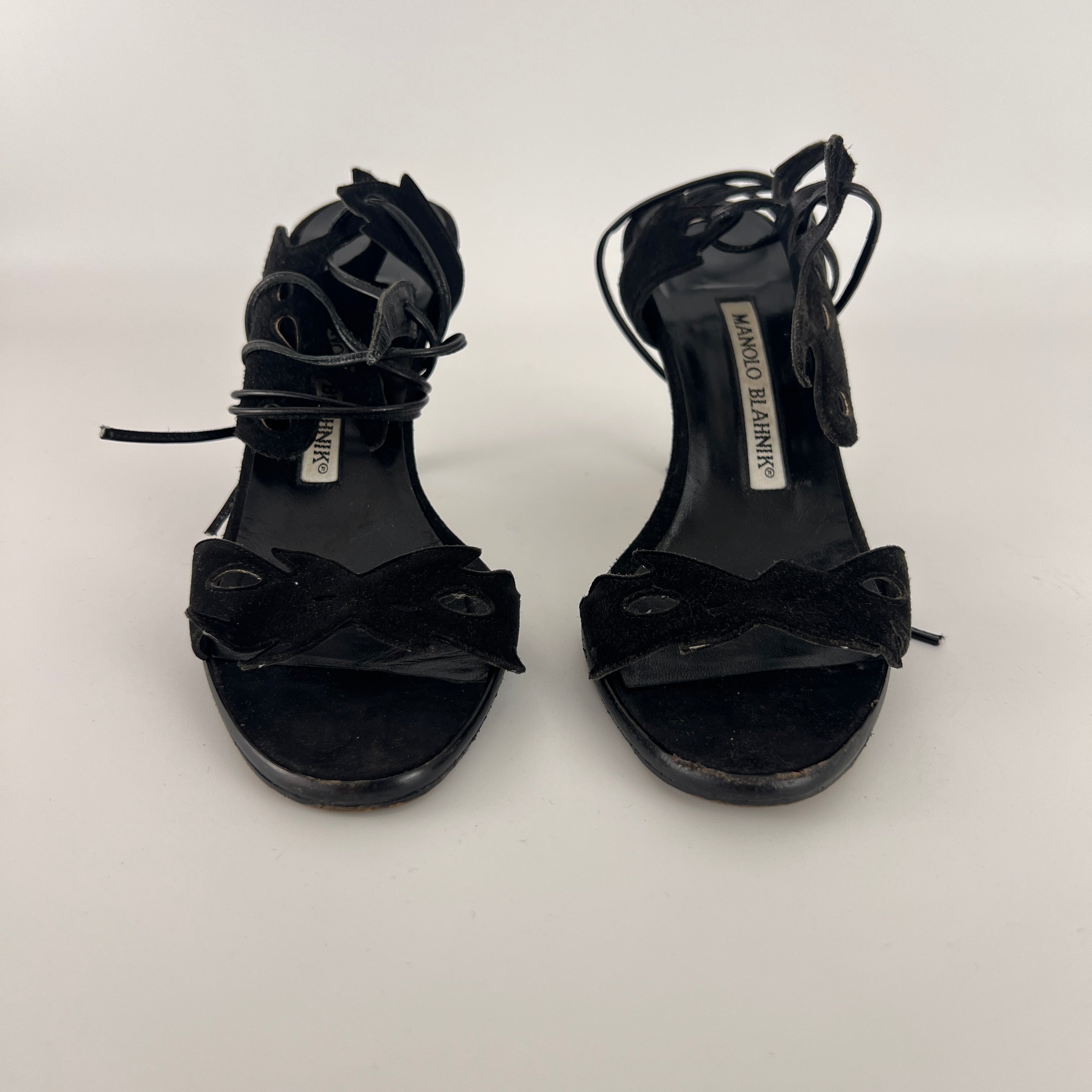 Manolo Blahnik | Black Suede Leather Cut-Out Ankle Lace Up Heels (35)