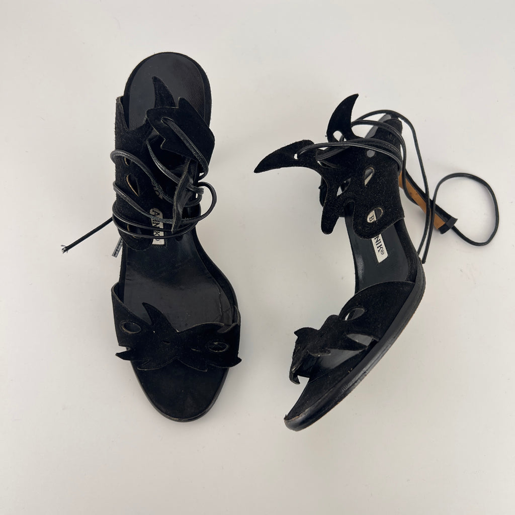 Manolo Blahnik | Black Suede Leather Cut-Out Ankle Lace Up Heels (35)