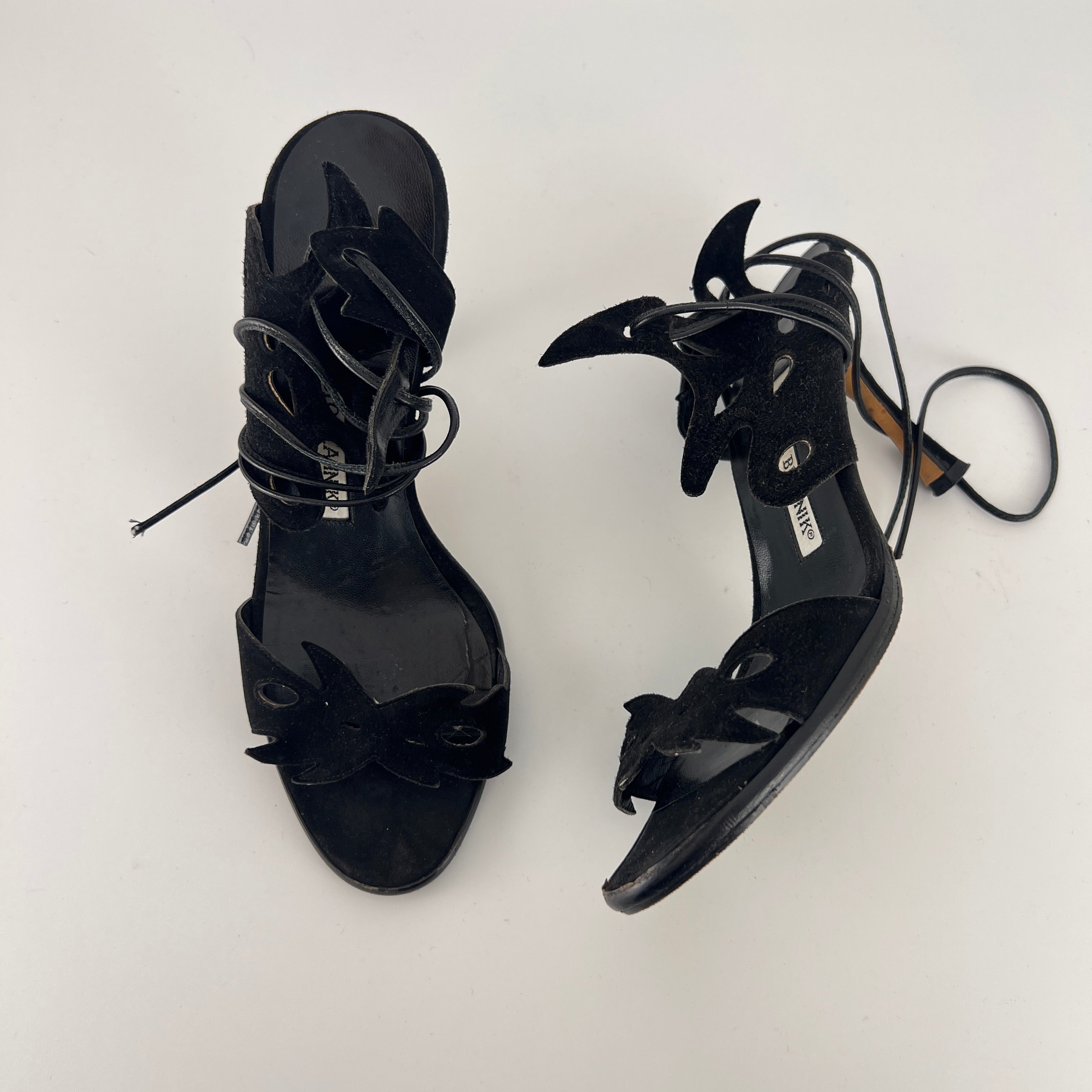 Manolo Blahnik | Black Suede Leather Cut-Out Ankle Lace Up Heels (35)