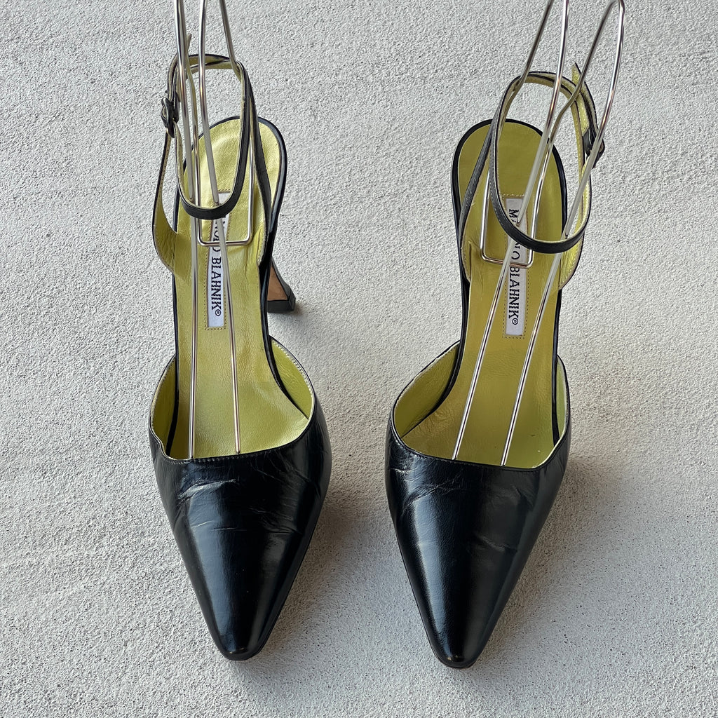 Manolo Blahnik | Vintage Black Leather Green Insole Ankle Wrap Pointed Toe Heels (37)