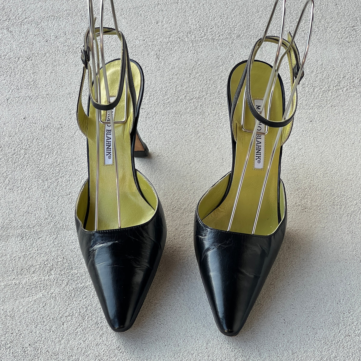 Manolo Blahnik | Vintage Black Leather Green Insole Ankle Wrap Pointed Toe Heels (37)