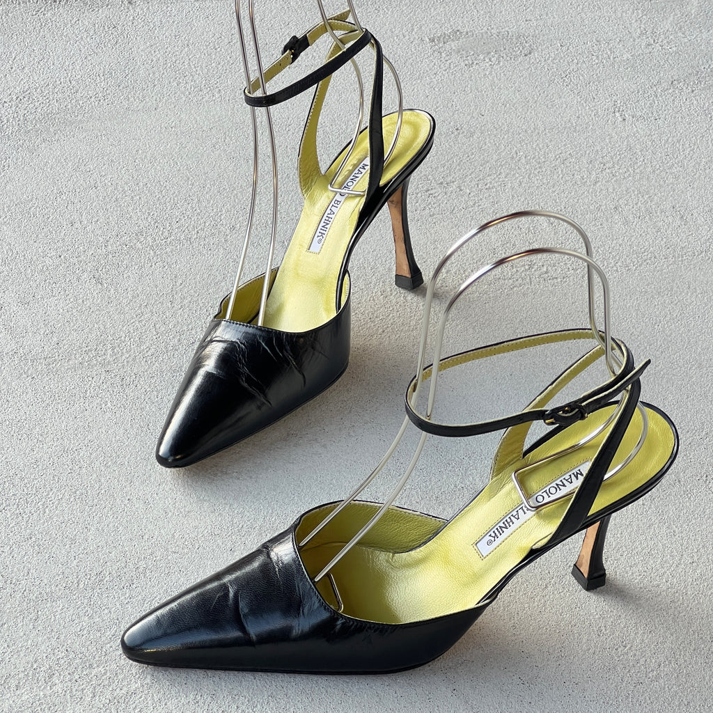 Manolo Blahnik | Vintage Black Leather Green Insole Ankle Wrap Pointed Toe Heels (37)