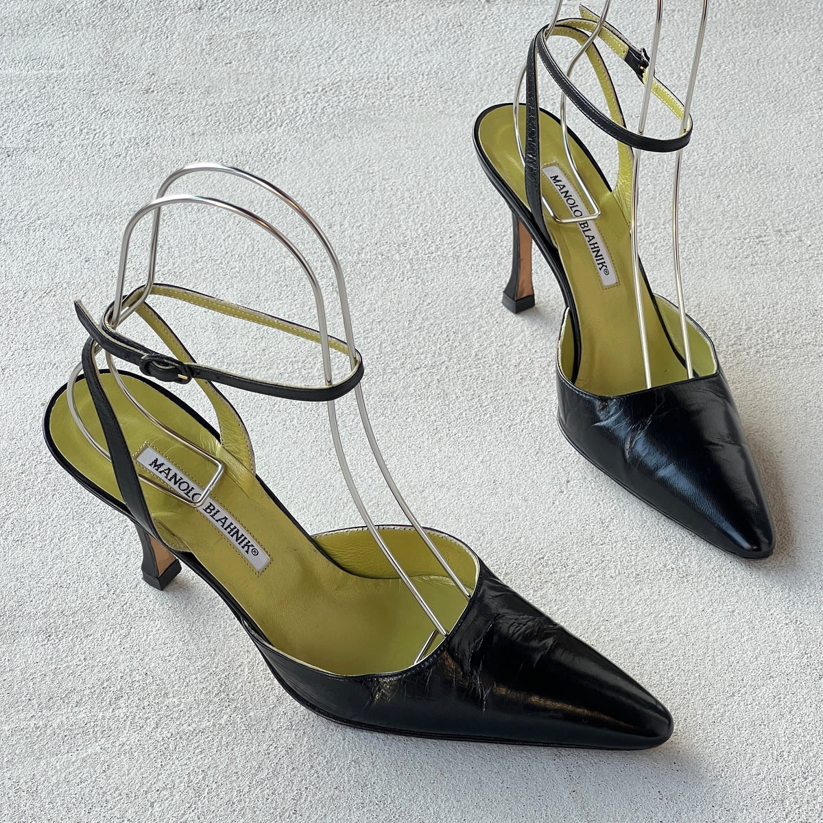Manolo Blahnik | Vintage Black Leather Green Insole Ankle Wrap Pointed Toe Heels (37)