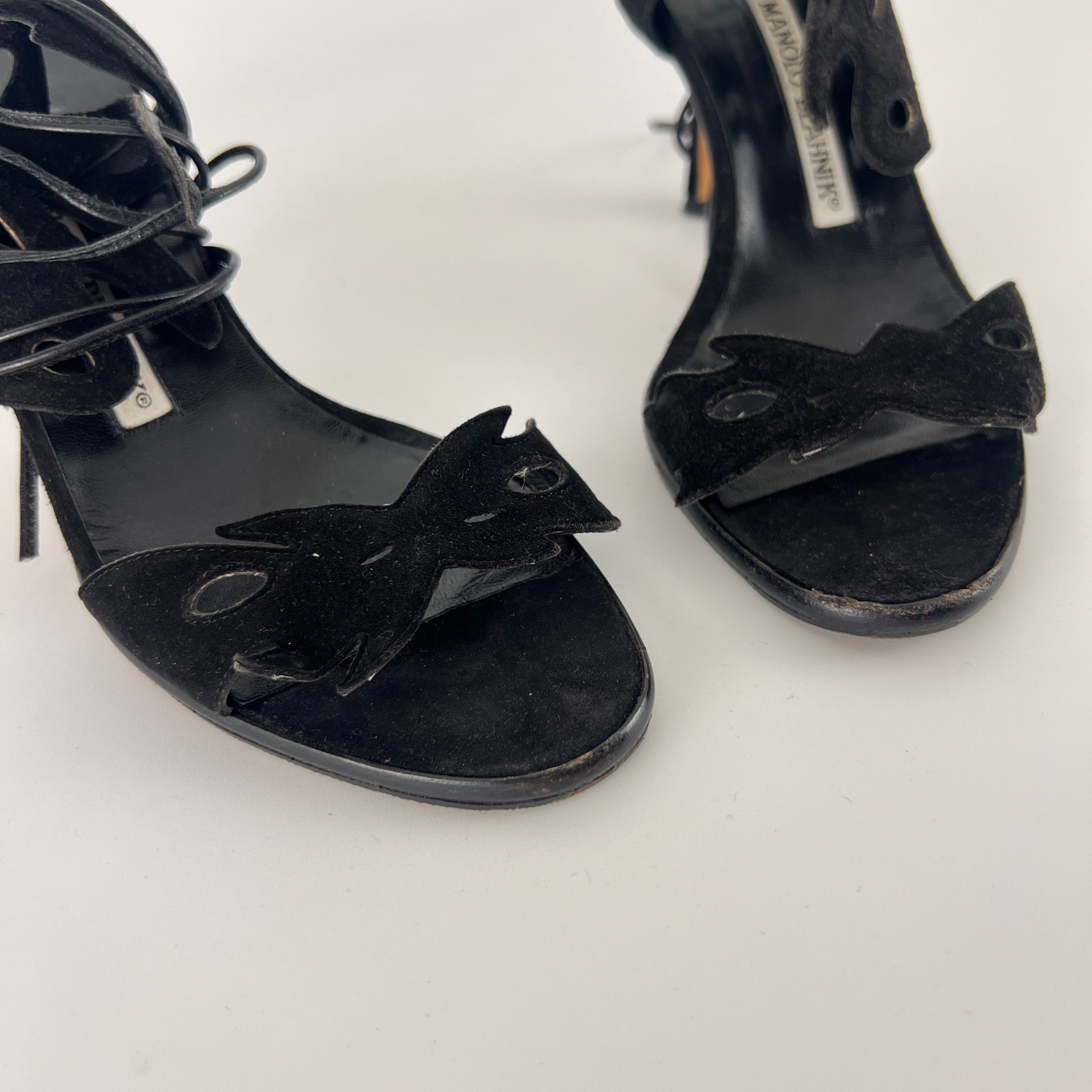 Manolo Blahnik | Black Suede Leather Cut-Out Ankle Lace Up Heels (35)