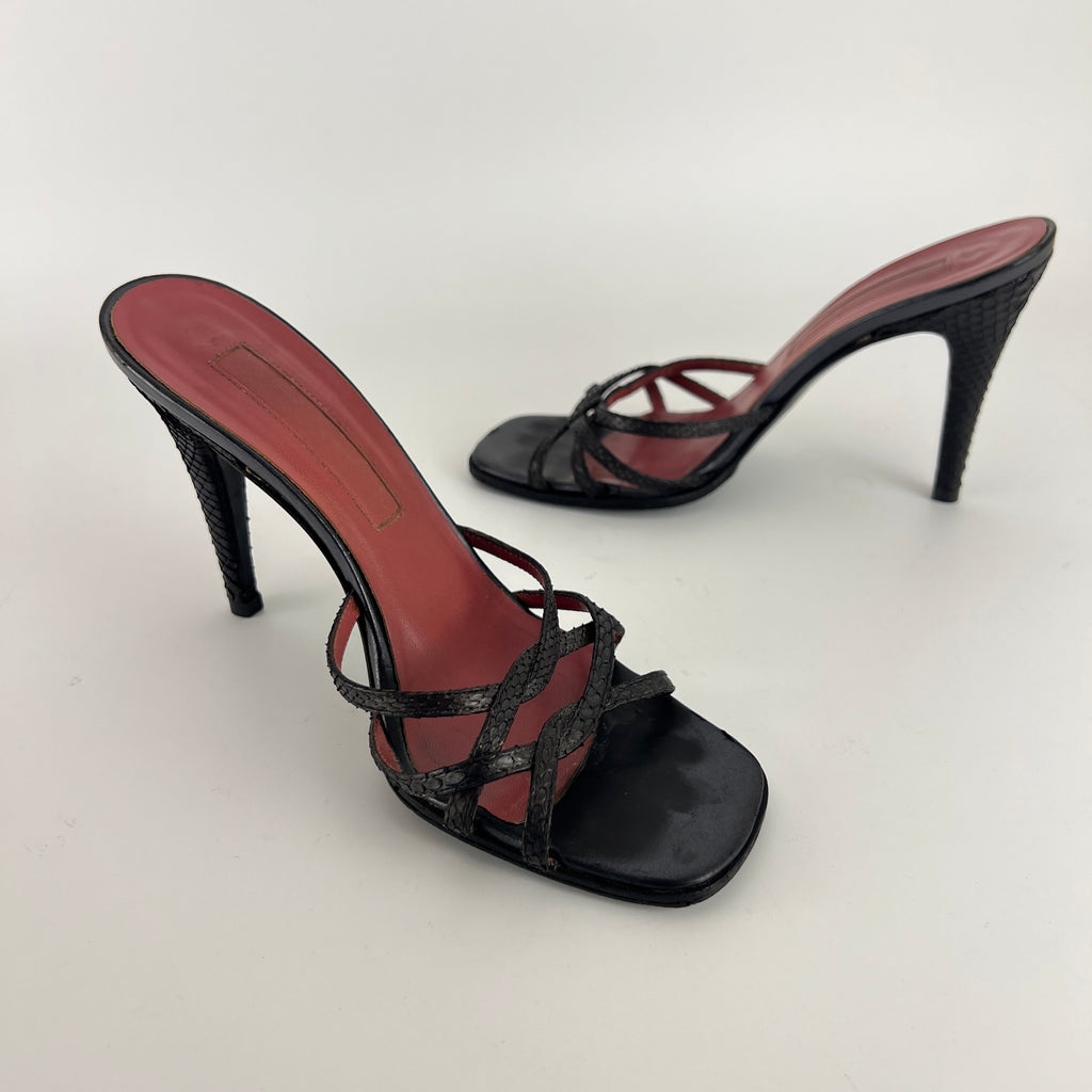 Sergio Rossi | Black Python Leather Strappy Sandal Slide Mules (38)