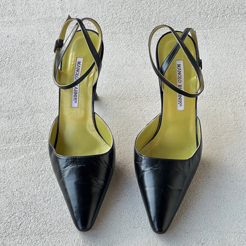 Manolo Blahnik | Vintage Black Leather Green Insole Ankle Wrap Pointed Toe Heels (37)